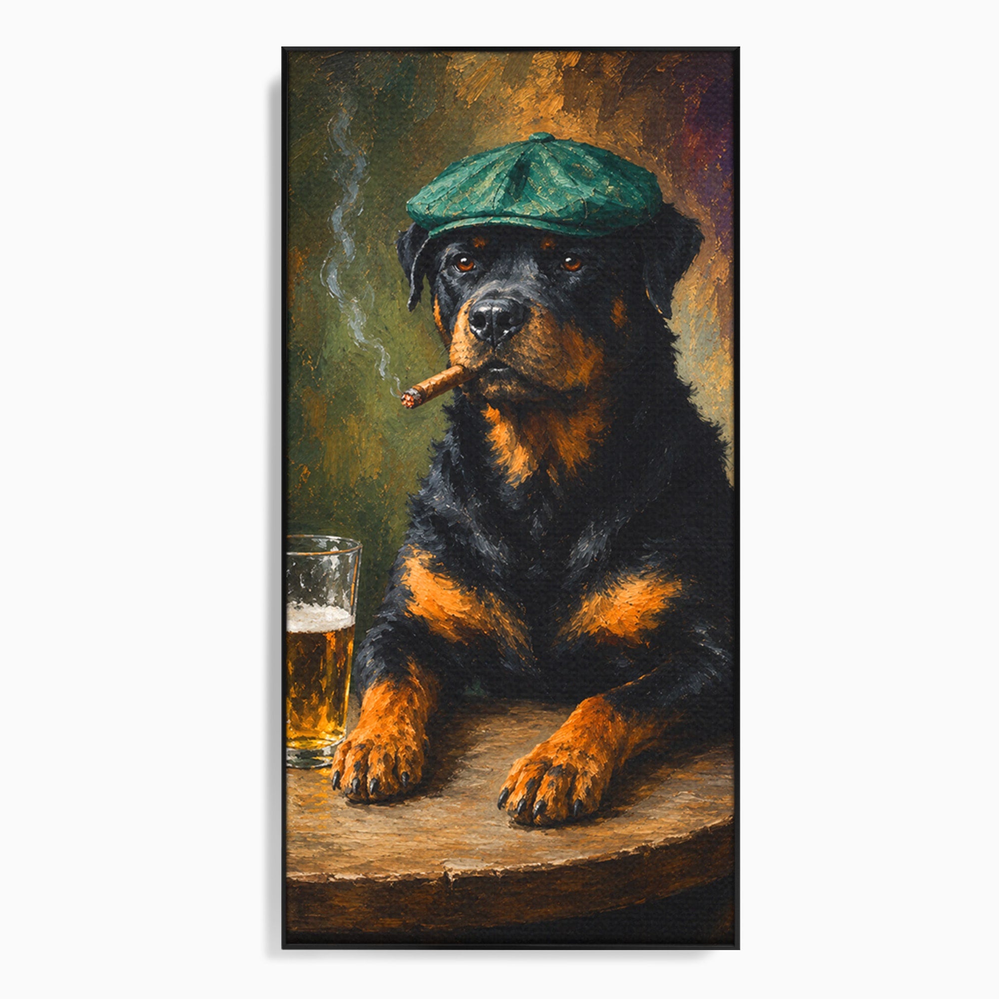 Tablou Canvas Premium LuxCanva® M1672, Caine Cu Palarie Si Bere, Caine, Palarie, Bere, Umor, Animale, Living, Bar, Culori Vibrante