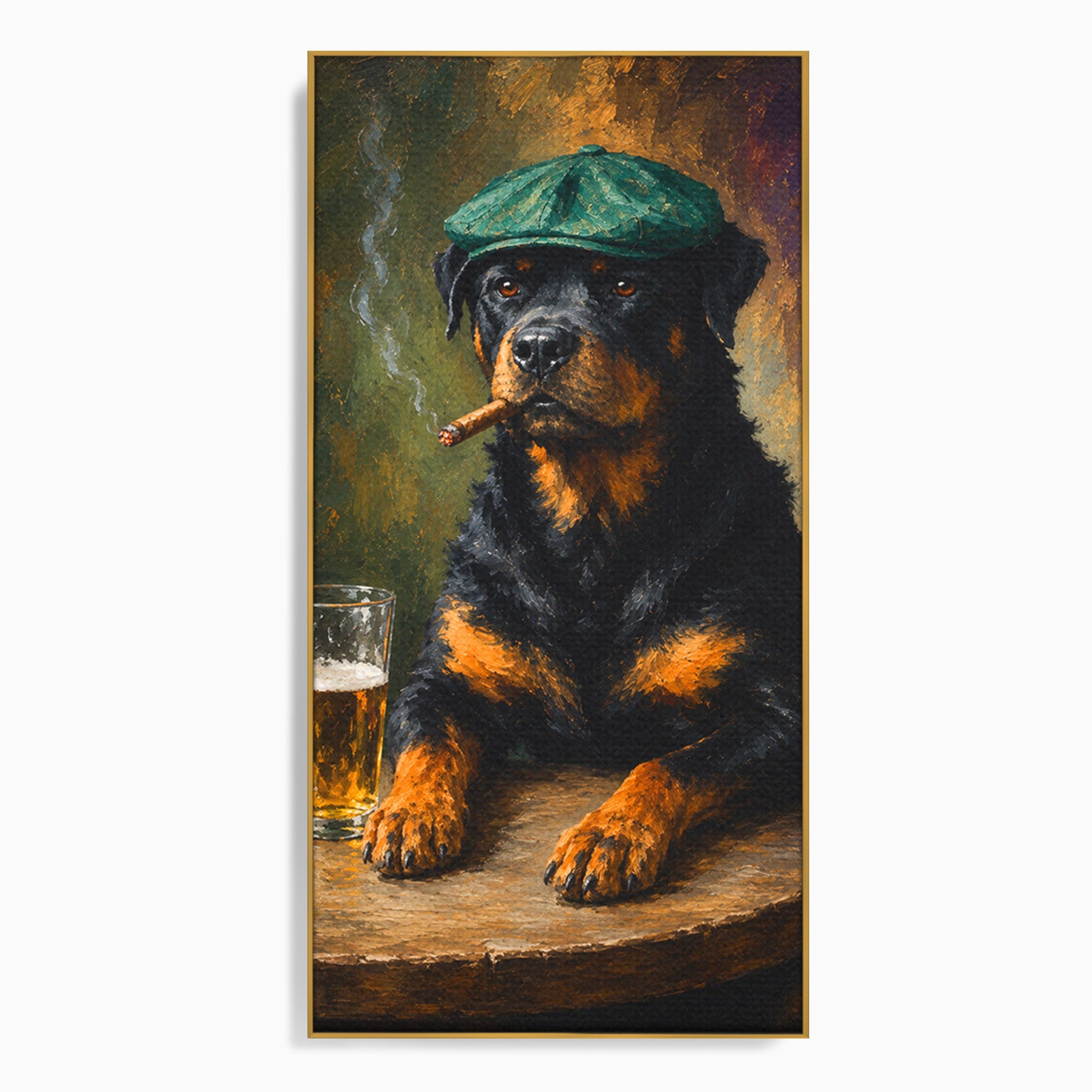 Tablou Canvas Premium LuxCanva® M1672, Caine Cu Palarie Si Bere, Caine, Palarie, Bere, Umor, Animale, Living, Bar, Culori Vibrante