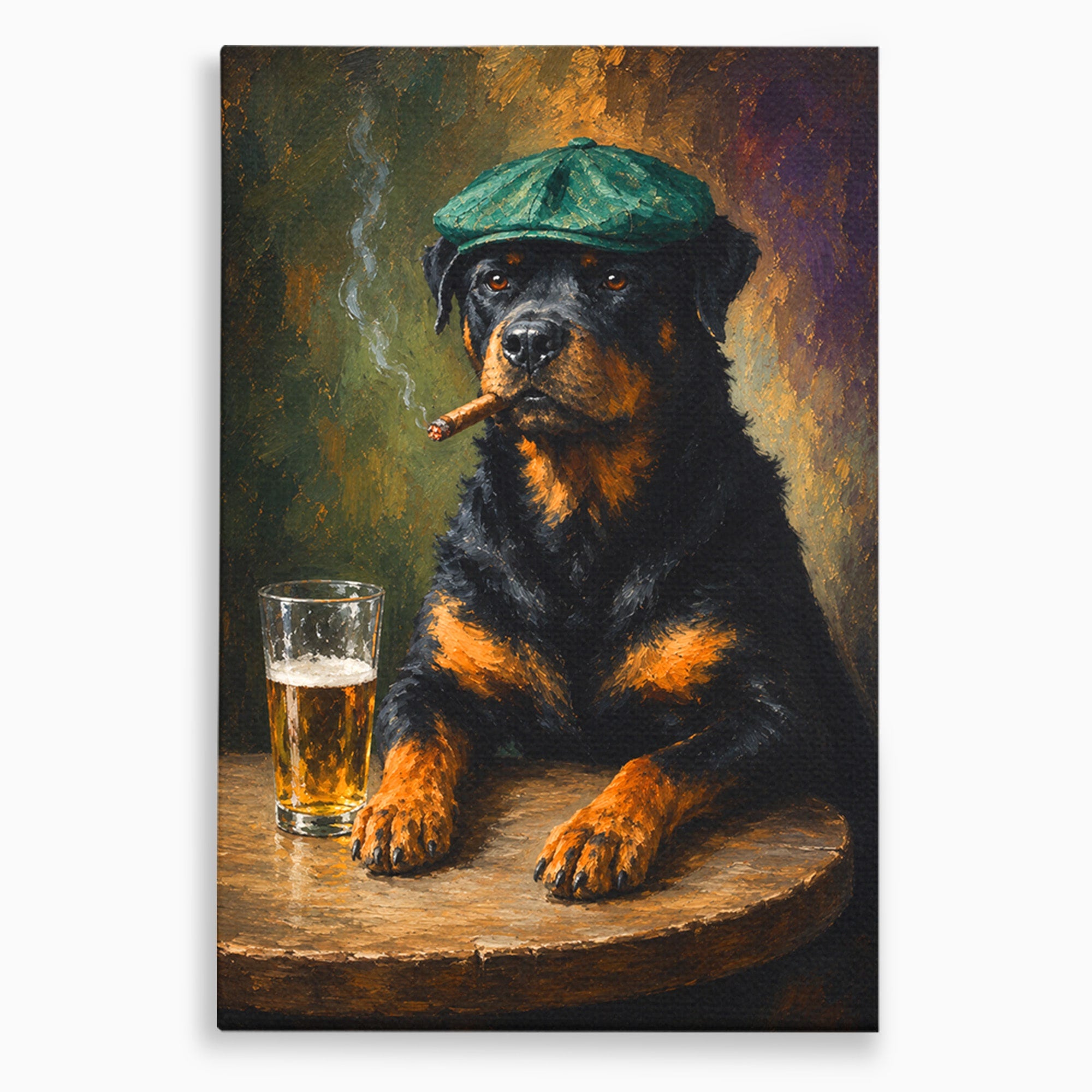 Tablou Canvas Premium LuxCanva® M1672, Caine Cu Palarie Si Bere, Caine, Palarie, Bere, Umor, Animale, Living, Bar, Culori Vibrante