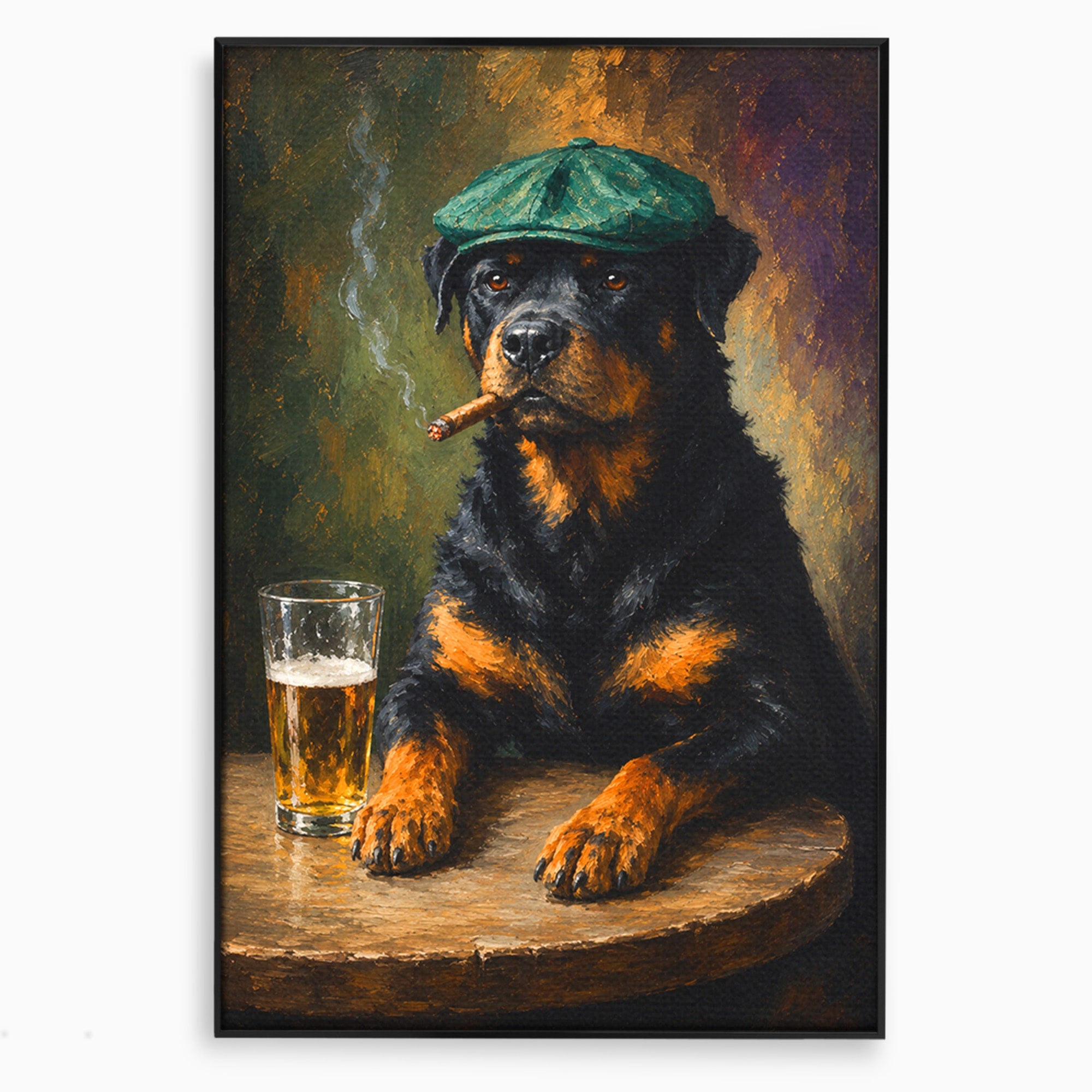 Tablou Canvas Premium LuxCanva® M1672, Caine Cu Palarie Si Bere, Caine, Palarie, Bere, Umor, Animale, Living, Bar, Culori Vibrante