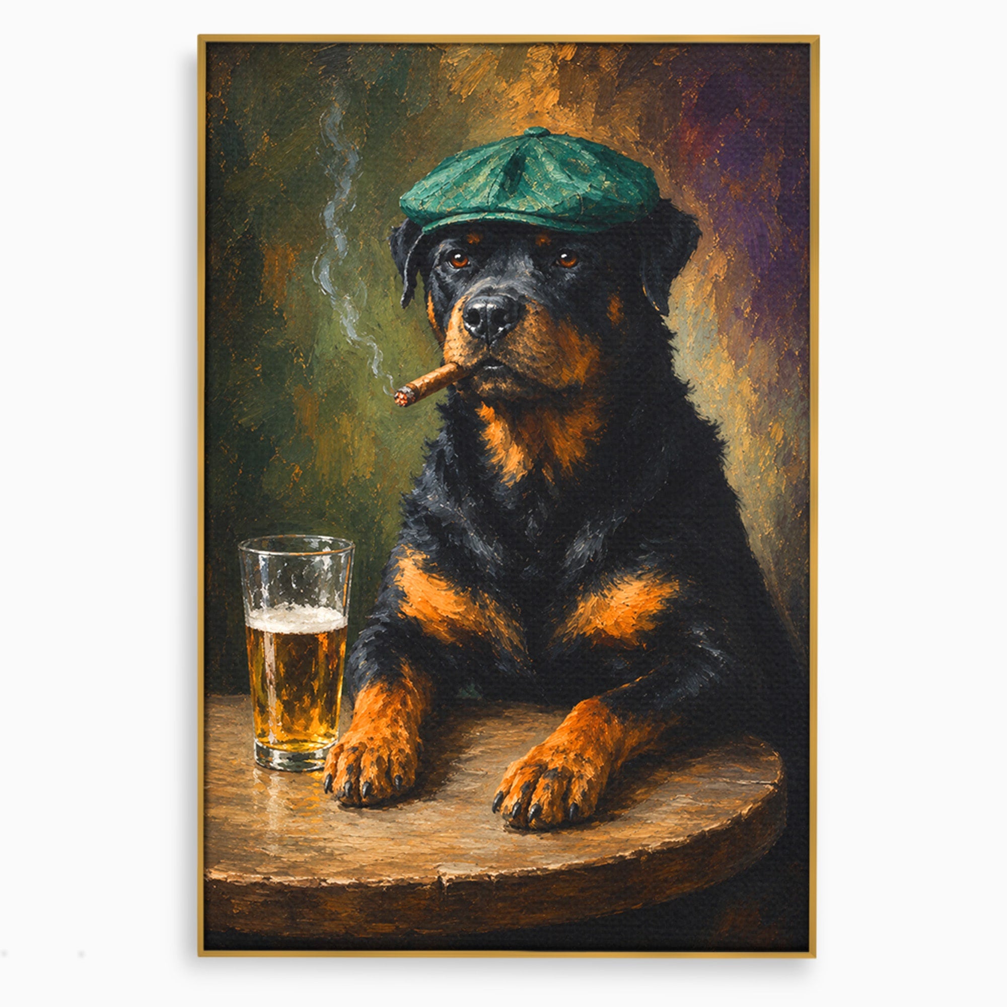 Tablou Canvas Premium LuxCanva® M1672, Caine Cu Palarie Si Bere, Caine, Palarie, Bere, Umor, Animale, Living, Bar, Culori Vibrante