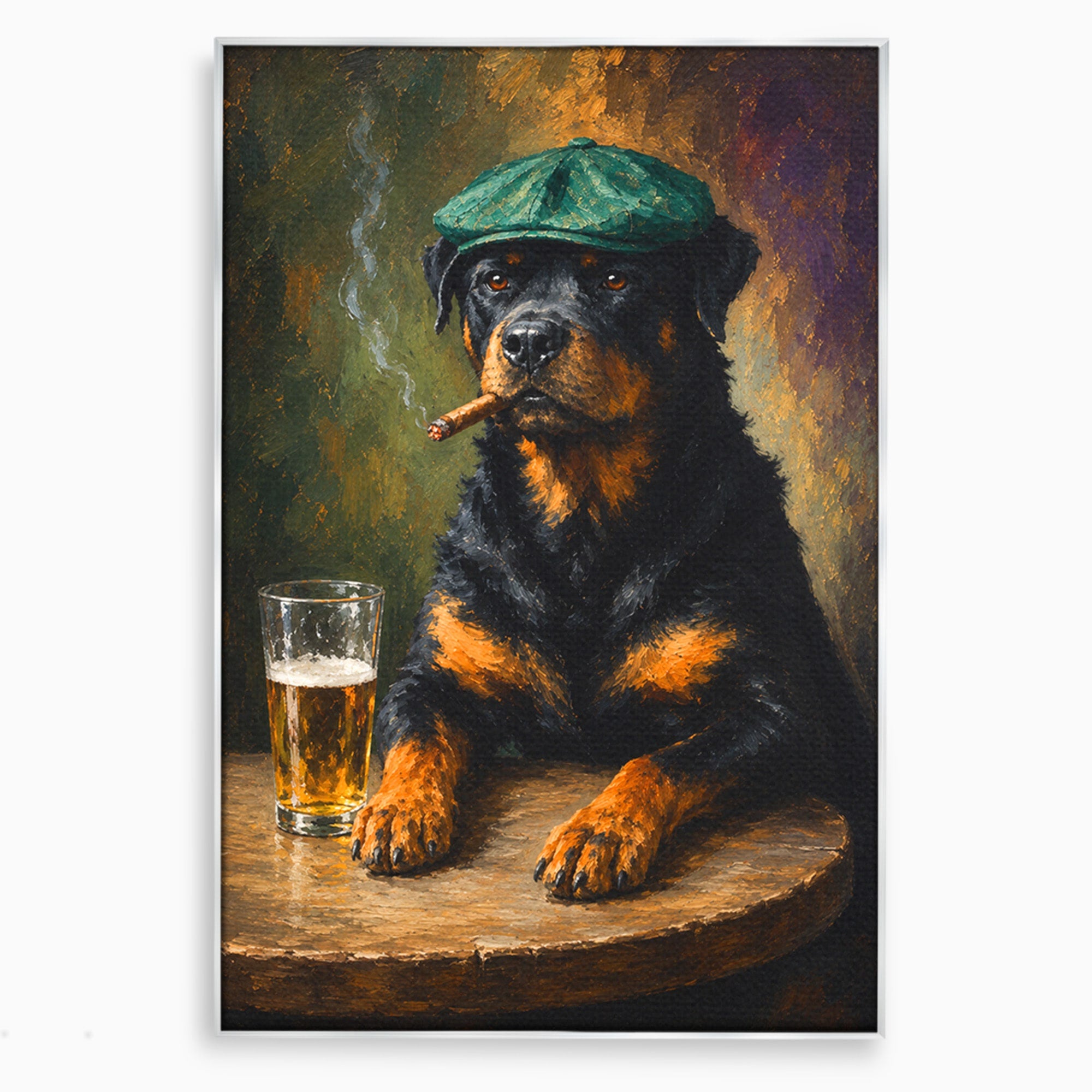Tablou Canvas Premium LuxCanva® M1672, Caine Cu Palarie Si Bere, Caine, Palarie, Bere, Umor, Animale, Living, Bar, Culori Vibrante