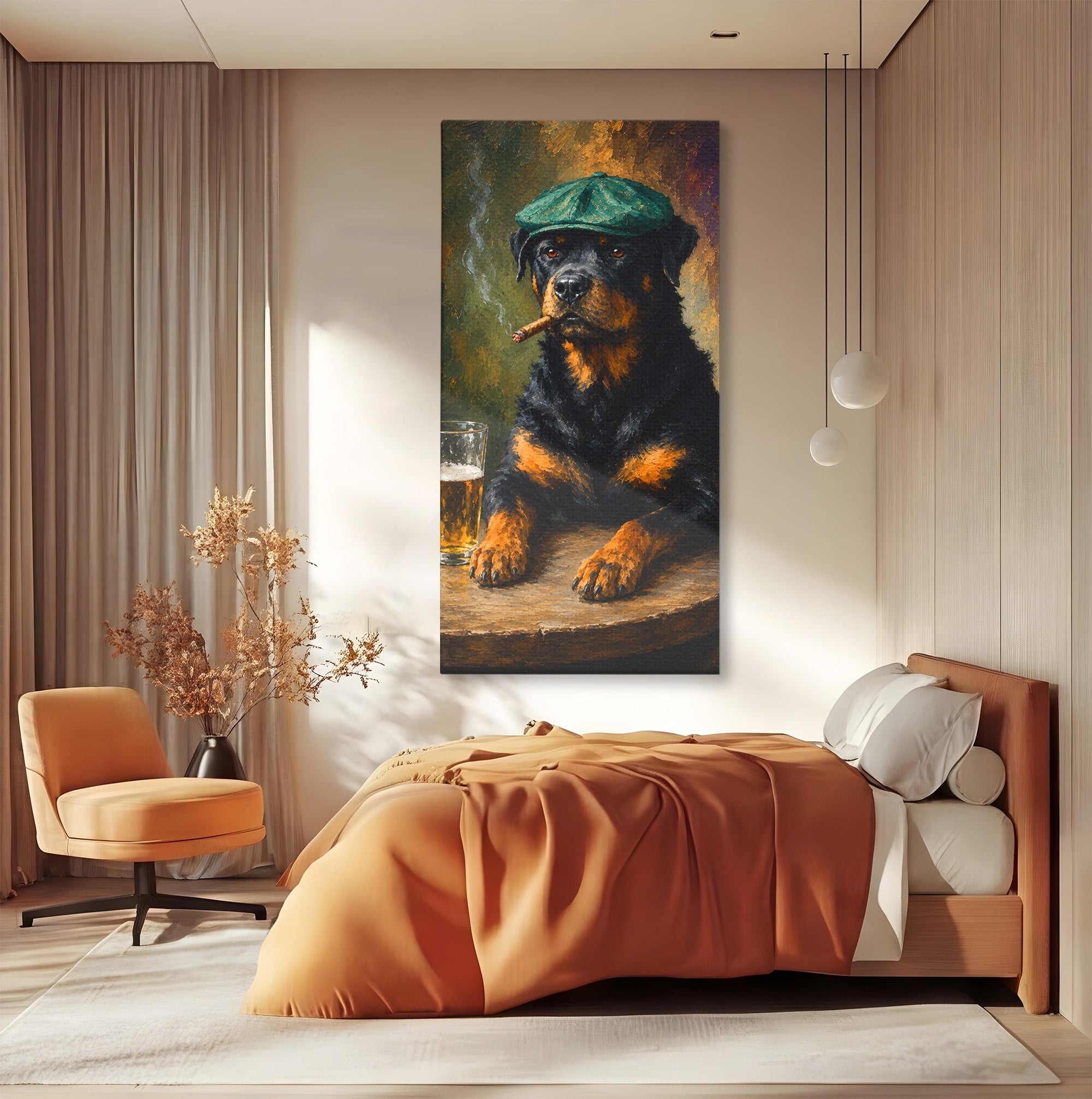 Tablou Canvas Premium LuxCanva® M1672, Caine Cu Palarie Si Bere, Caine, Palarie, Bere, Umor, Animale, Living, Bar, Culori Vibrante