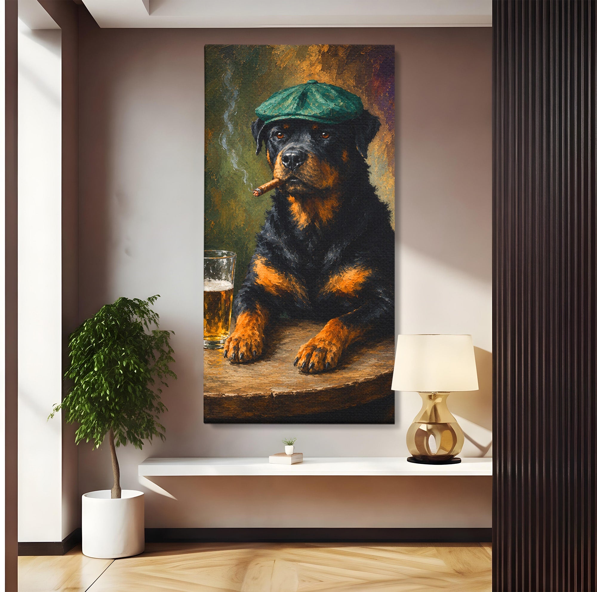 Tablou Canvas Premium LuxCanva® M1672, Caine Cu Palarie Si Bere, Caine, Palarie, Bere, Umor, Animale, Living, Bar, Culori Vibrante