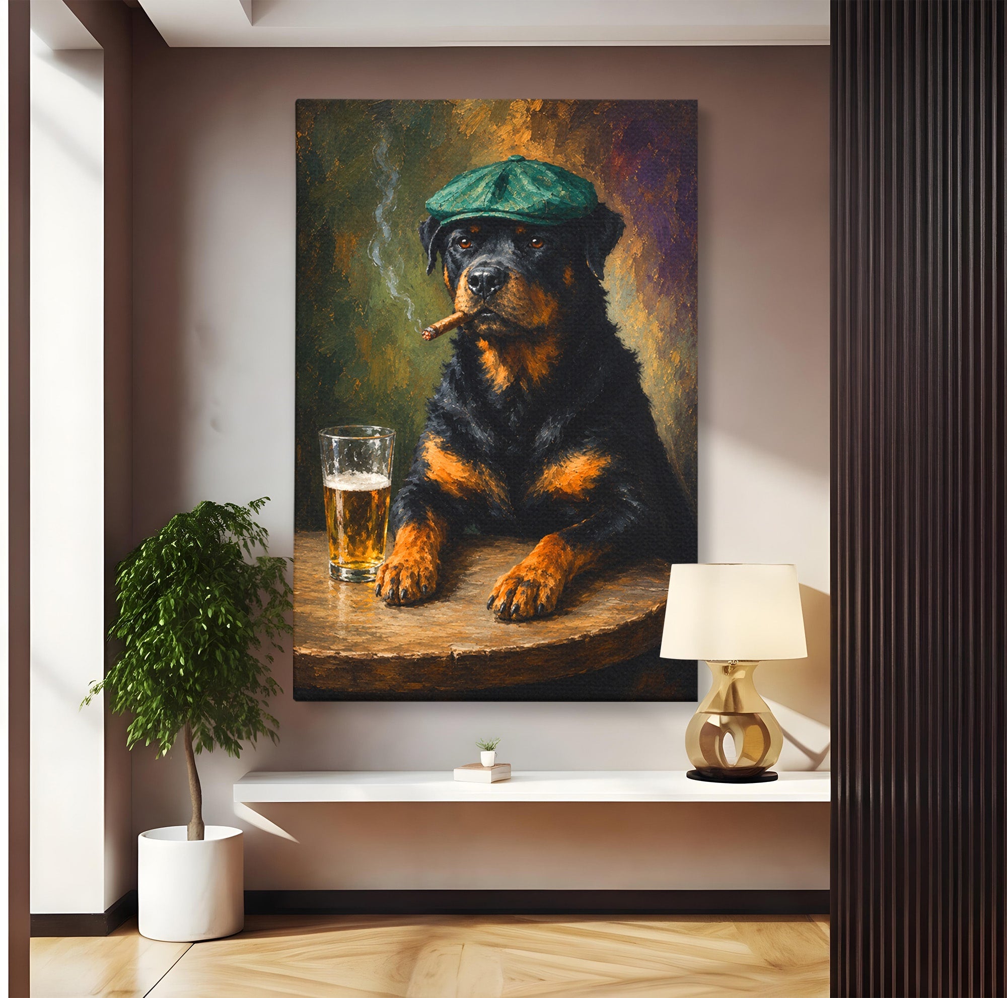 Tablou Canvas Premium LuxCanva® M1672, Caine Cu Palarie Si Bere, Caine, Palarie, Bere, Umor, Animale, Living, Bar, Culori Vibrante