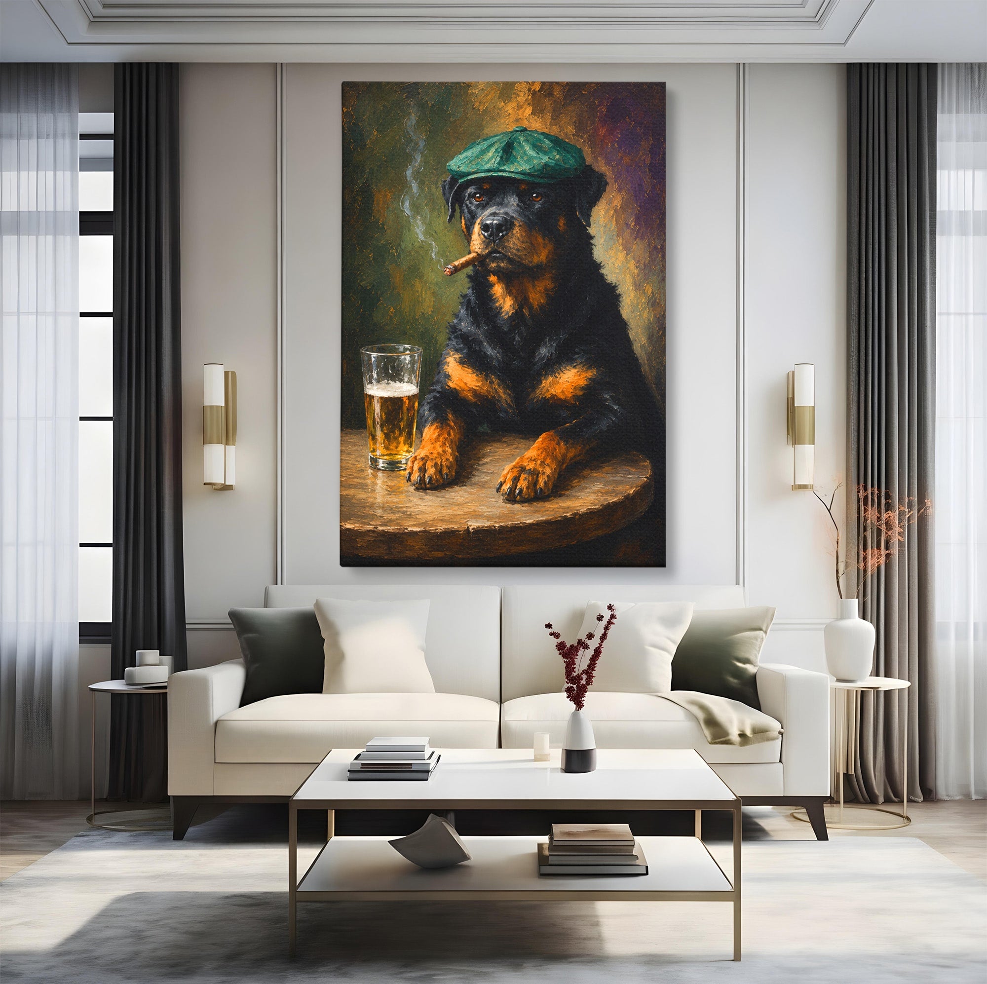 Tablou Canvas Premium LuxCanva® M1672, Caine Cu Palarie Si Bere, Caine, Palarie, Bere, Umor, Animale, Living, Bar, Culori Vibrante