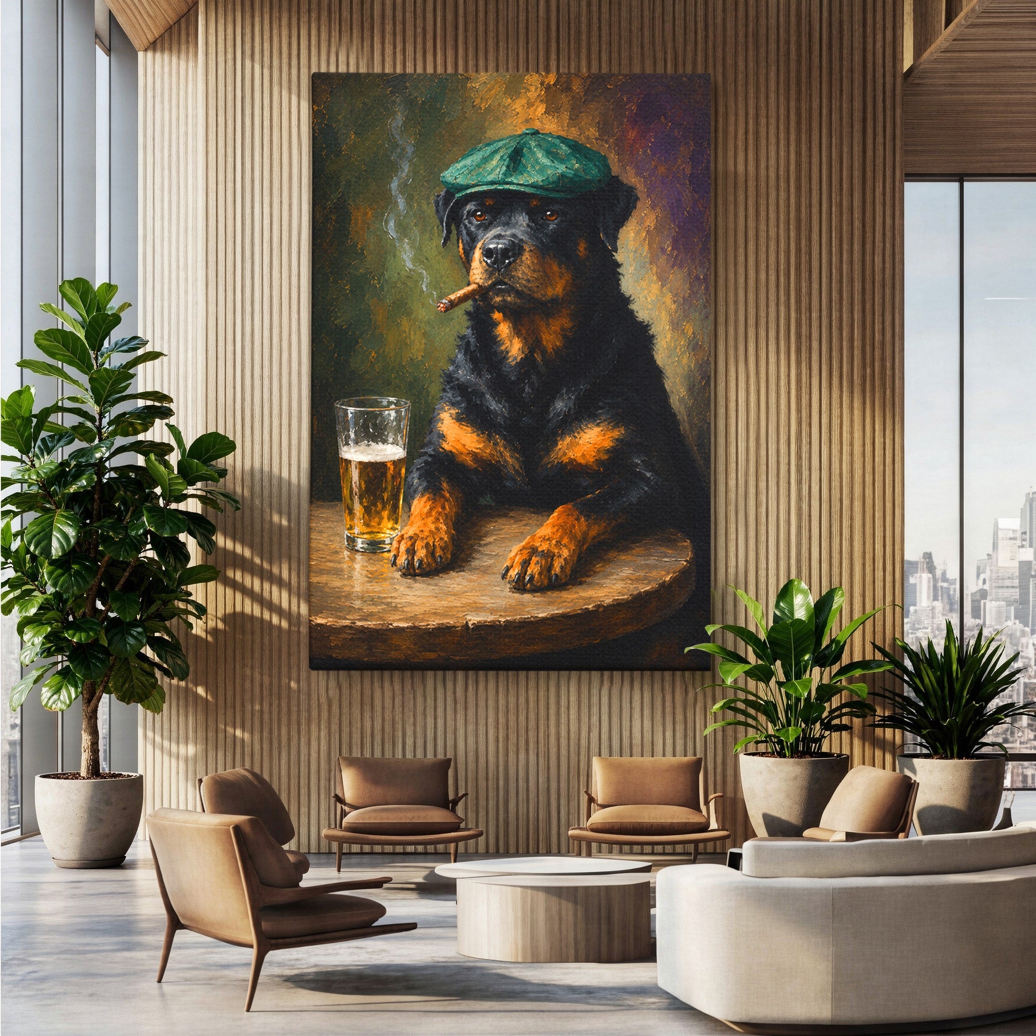 Tablou Canvas Premium LuxCanva® M1672, Caine Cu Palarie Si Bere, Caine, Palarie, Bere, Umor, Animale, Living, Bar, Culori Vibrante