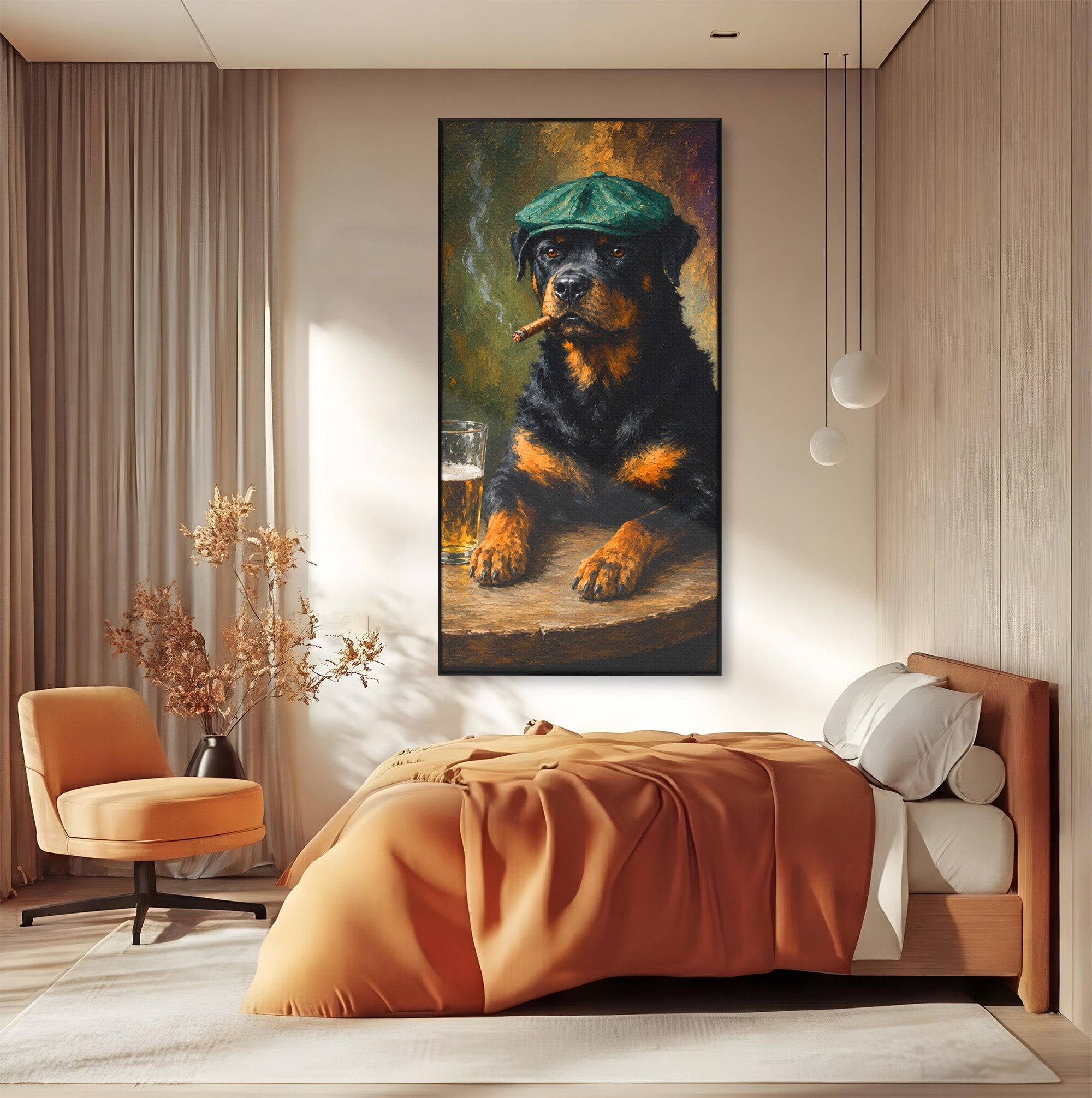 Tablou Canvas Premium LuxCanva® M1672, Caine Cu Palarie Si Bere, Caine, Palarie, Bere, Umor, Animale, Living, Bar, Culori Vibrante