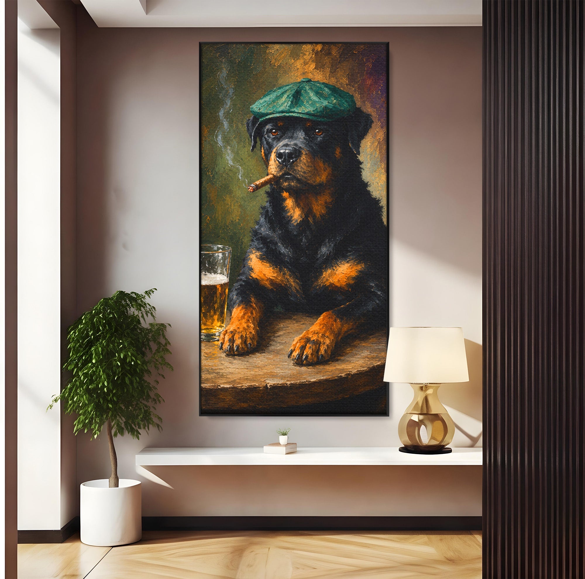 Tablou Canvas Premium LuxCanva® M1672, Caine Cu Palarie Si Bere, Caine, Palarie, Bere, Umor, Animale, Living, Bar, Culori Vibrante