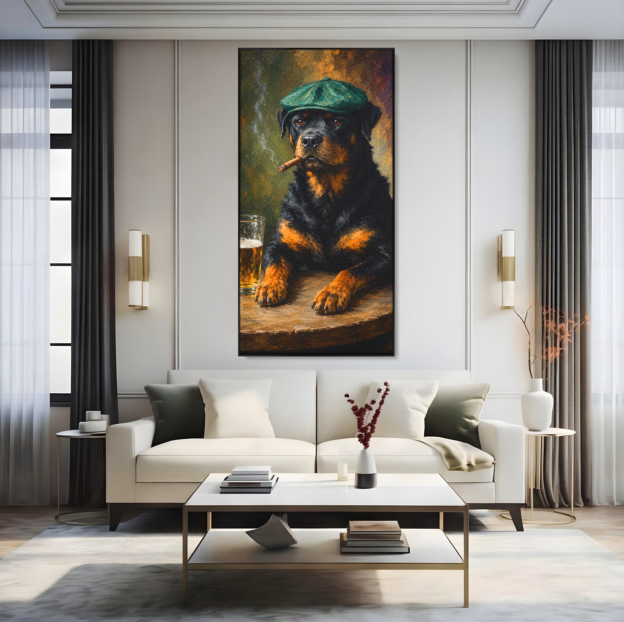 Tablou Canvas Premium LuxCanva® M1672, Caine Cu Palarie Si Bere, Caine, Palarie, Bere, Umor, Animale, Living, Bar, Culori Vibrante