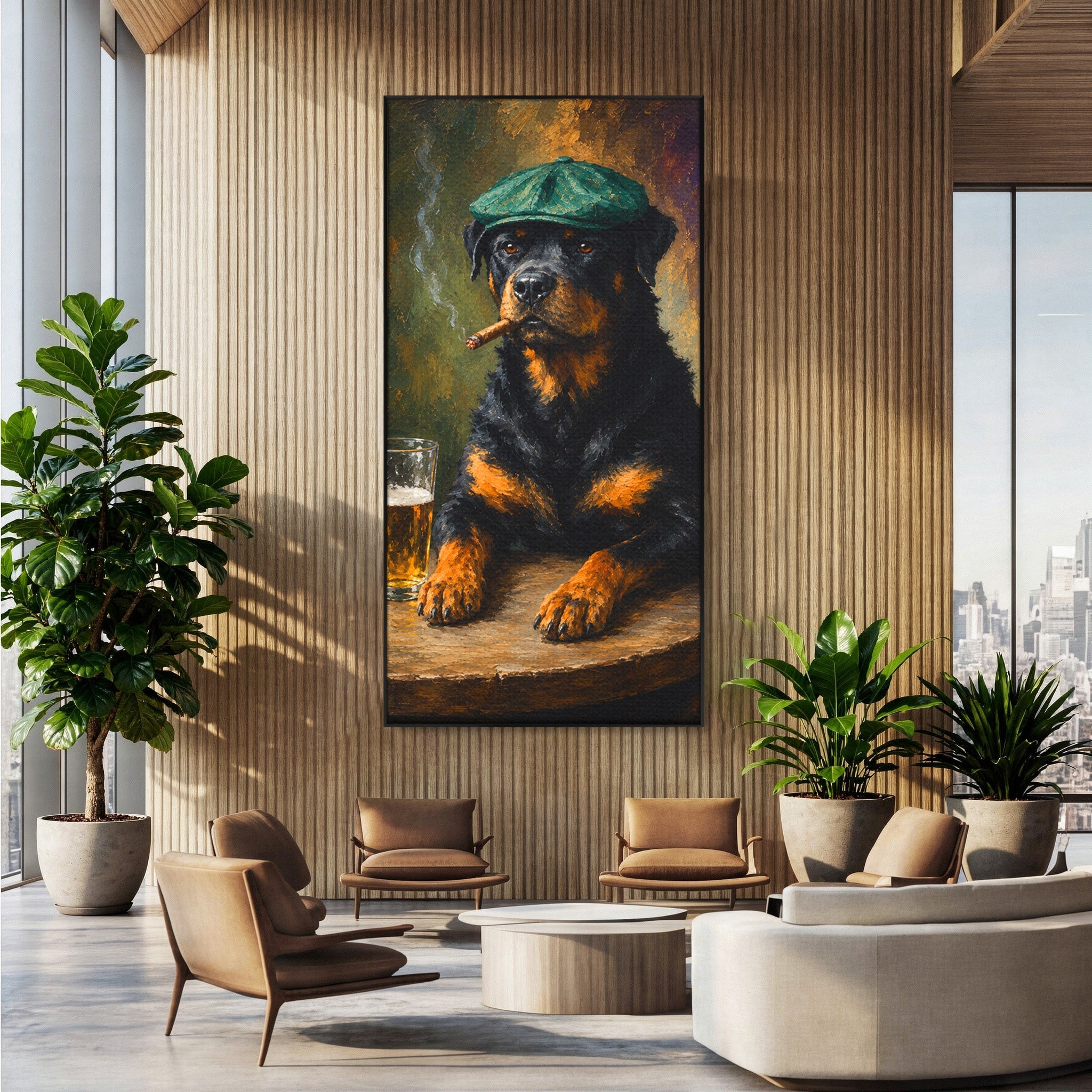 Tablou Canvas Premium LuxCanva® M1672, Caine Cu Palarie Si Bere, Caine, Palarie, Bere, Umor, Animale, Living, Bar, Culori Vibrante