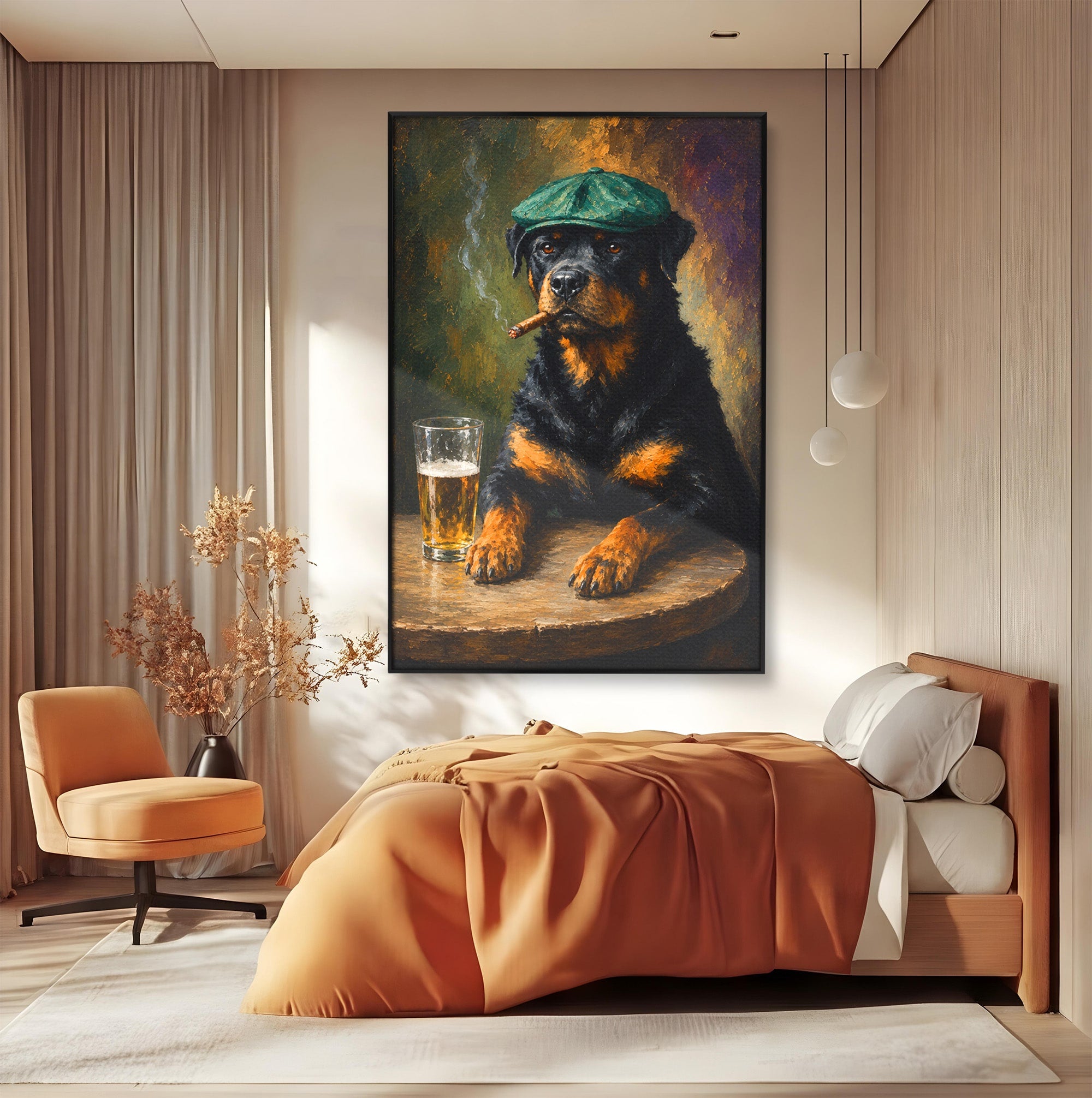 Tablou Canvas Premium LuxCanva® M1672, Caine Cu Palarie Si Bere, Caine, Palarie, Bere, Umor, Animale, Living, Bar, Culori Vibrante
