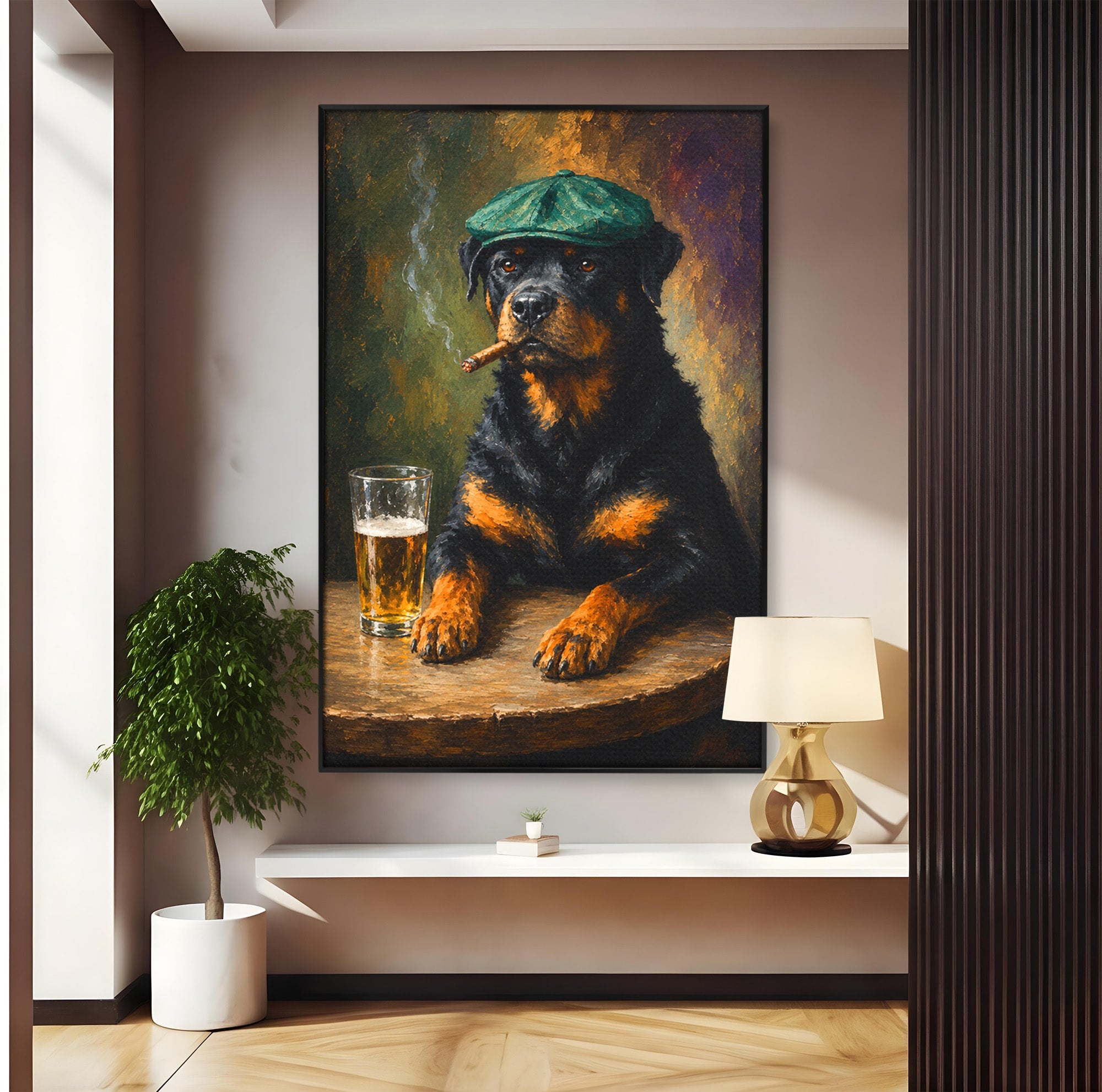 Tablou Canvas Premium LuxCanva® M1672, Caine Cu Palarie Si Bere, Caine, Palarie, Bere, Umor, Animale, Living, Bar, Culori Vibrante