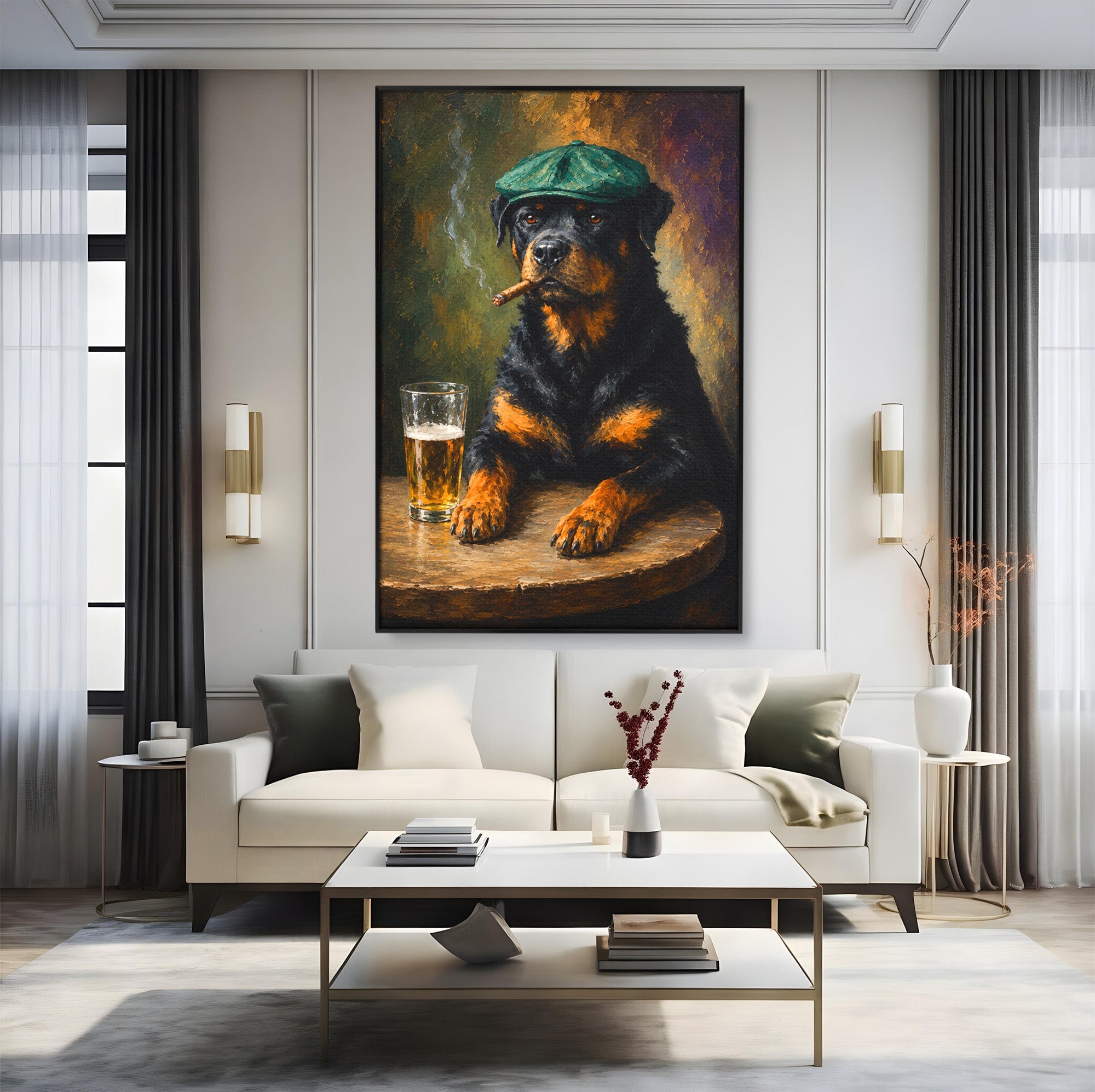 Tablou Canvas Premium LuxCanva® M1672, Caine Cu Palarie Si Bere, Caine, Palarie, Bere, Umor, Animale, Living, Bar, Culori Vibrante