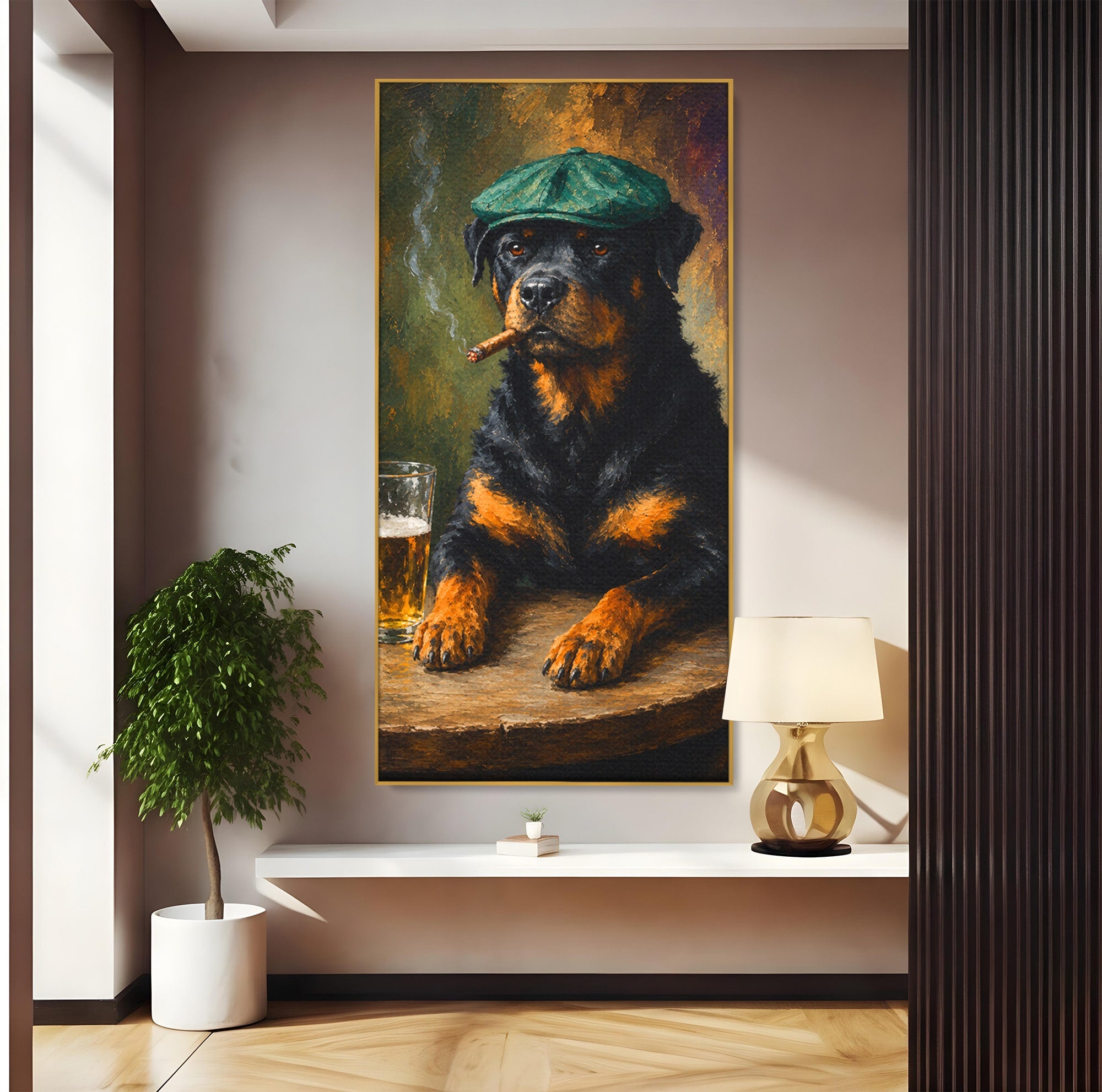Tablou Canvas Premium LuxCanva® M1672, Caine Cu Palarie Si Bere, Caine, Palarie, Bere, Umor, Animale, Living, Bar, Culori Vibrante