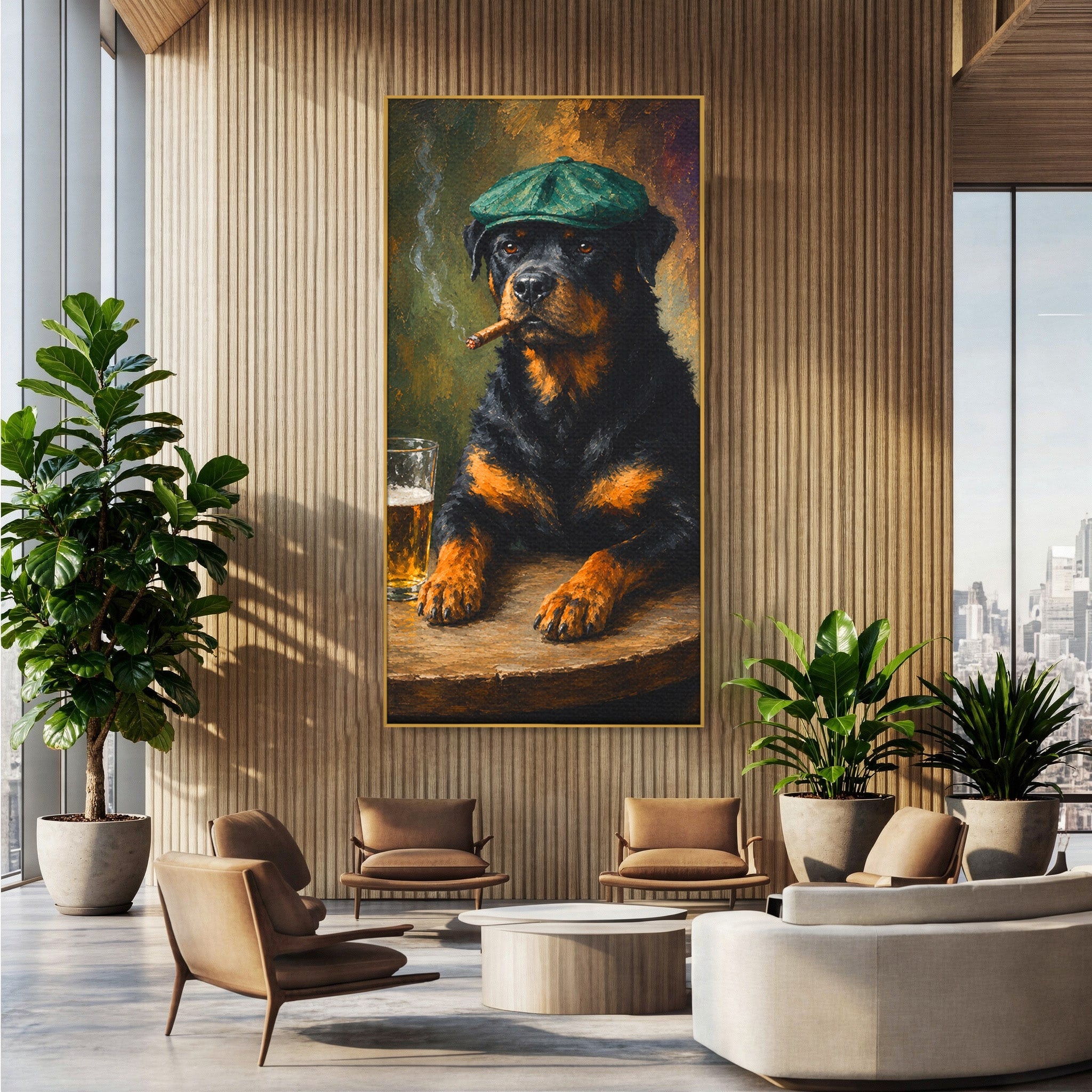 Tablou Canvas Premium LuxCanva® M1672, Caine Cu Palarie Si Bere, Caine, Palarie, Bere, Umor, Animale, Living, Bar, Culori Vibrante