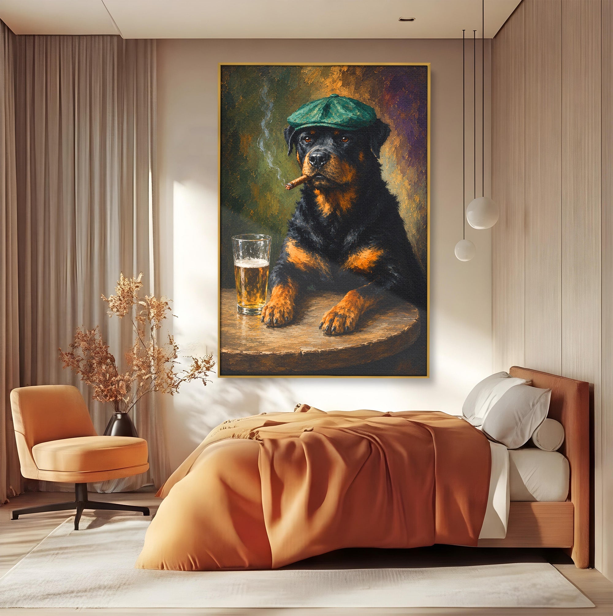Tablou Canvas Premium LuxCanva® M1672, Caine Cu Palarie Si Bere, Caine, Palarie, Bere, Umor, Animale, Living, Bar, Culori Vibrante