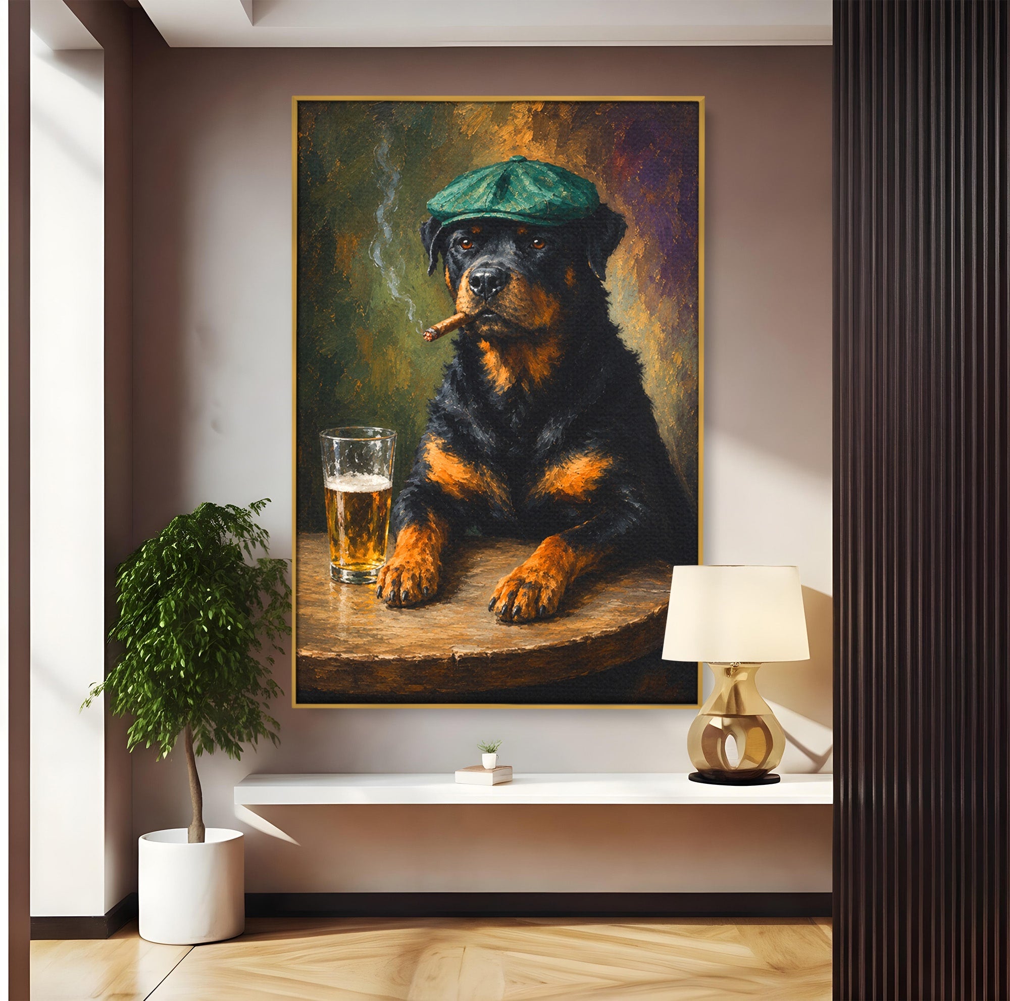 Tablou Canvas Premium LuxCanva® M1672, Caine Cu Palarie Si Bere, Caine, Palarie, Bere, Umor, Animale, Living, Bar, Culori Vibrante