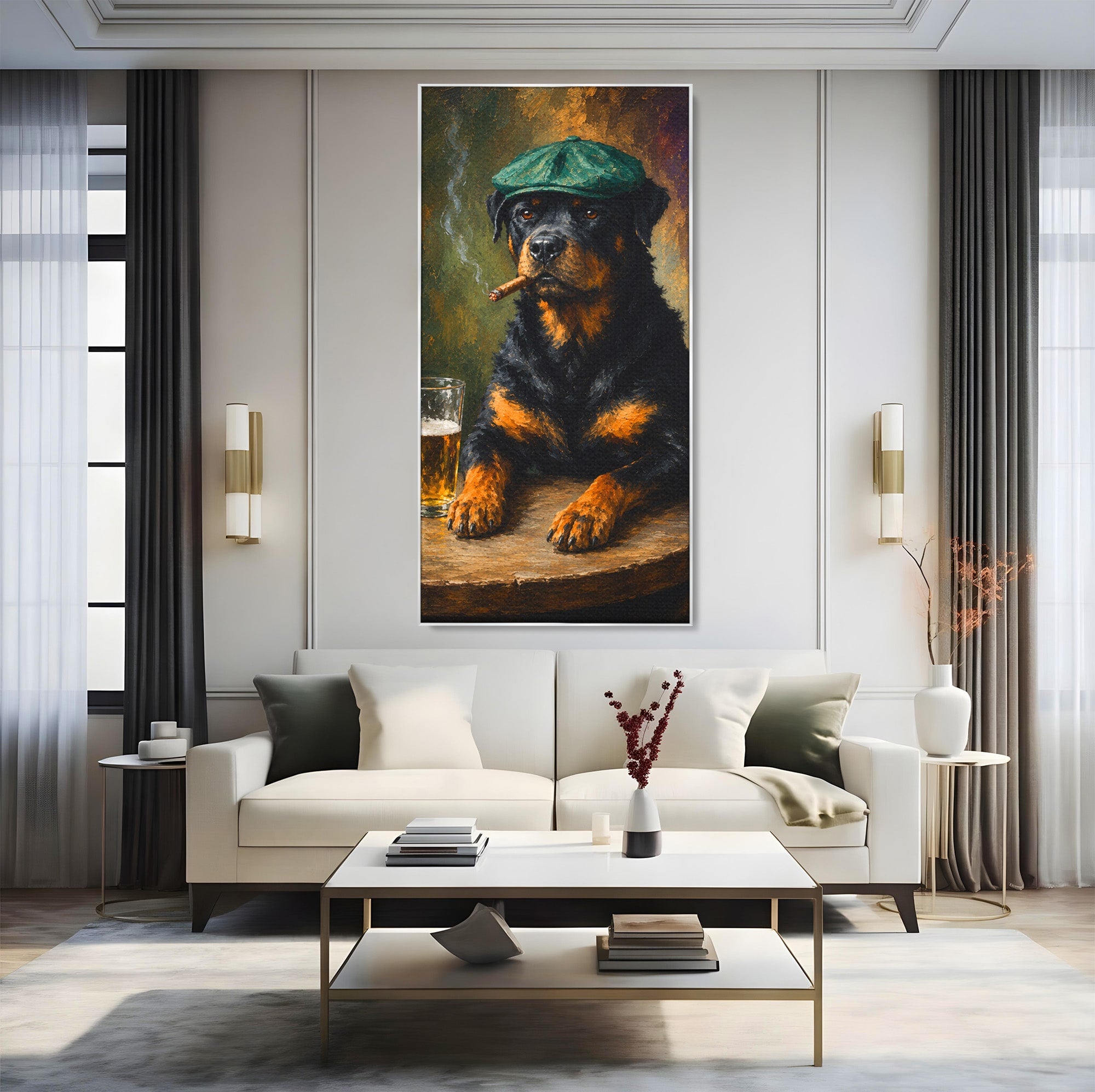Tablou Canvas Premium LuxCanva® M1672, Caine Cu Palarie Si Bere, Caine, Palarie, Bere, Umor, Animale, Living, Bar, Culori Vibrante
