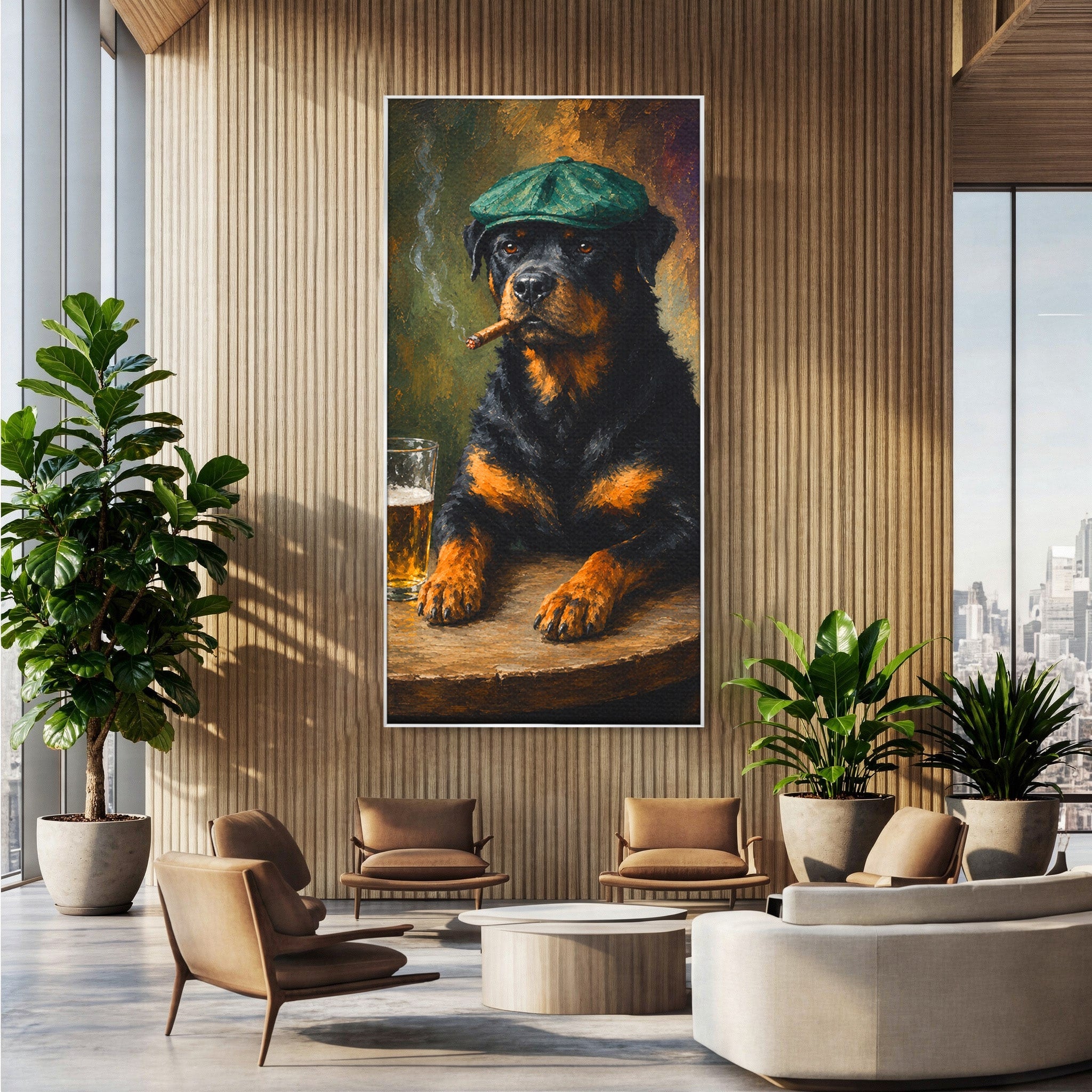 Tablou Canvas Premium LuxCanva® M1672, Caine Cu Palarie Si Bere, Caine, Palarie, Bere, Umor, Animale, Living, Bar, Culori Vibrante