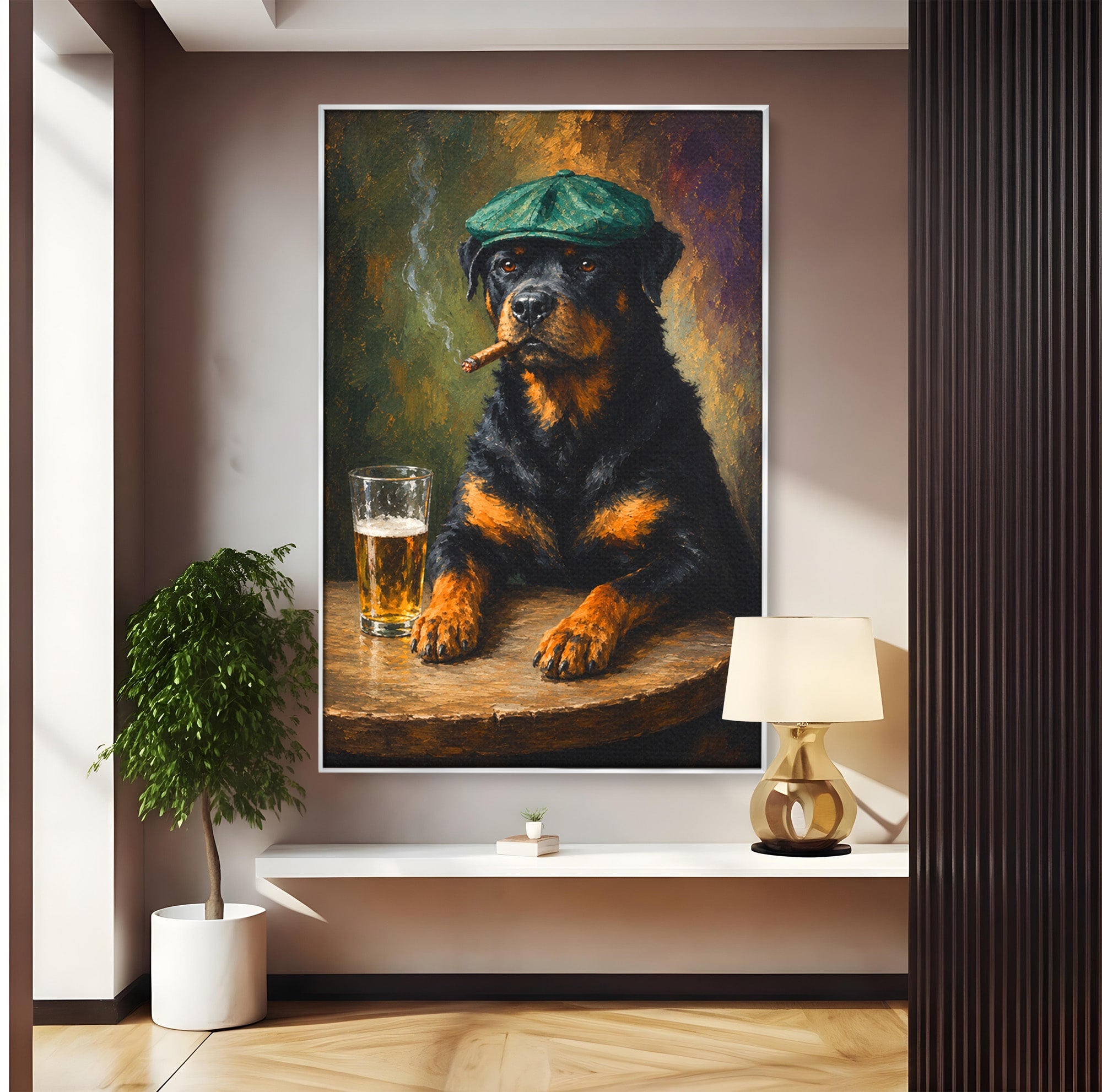 Tablou Canvas Premium LuxCanva® M1672, Caine Cu Palarie Si Bere, Caine, Palarie, Bere, Umor, Animale, Living, Bar, Culori Vibrante