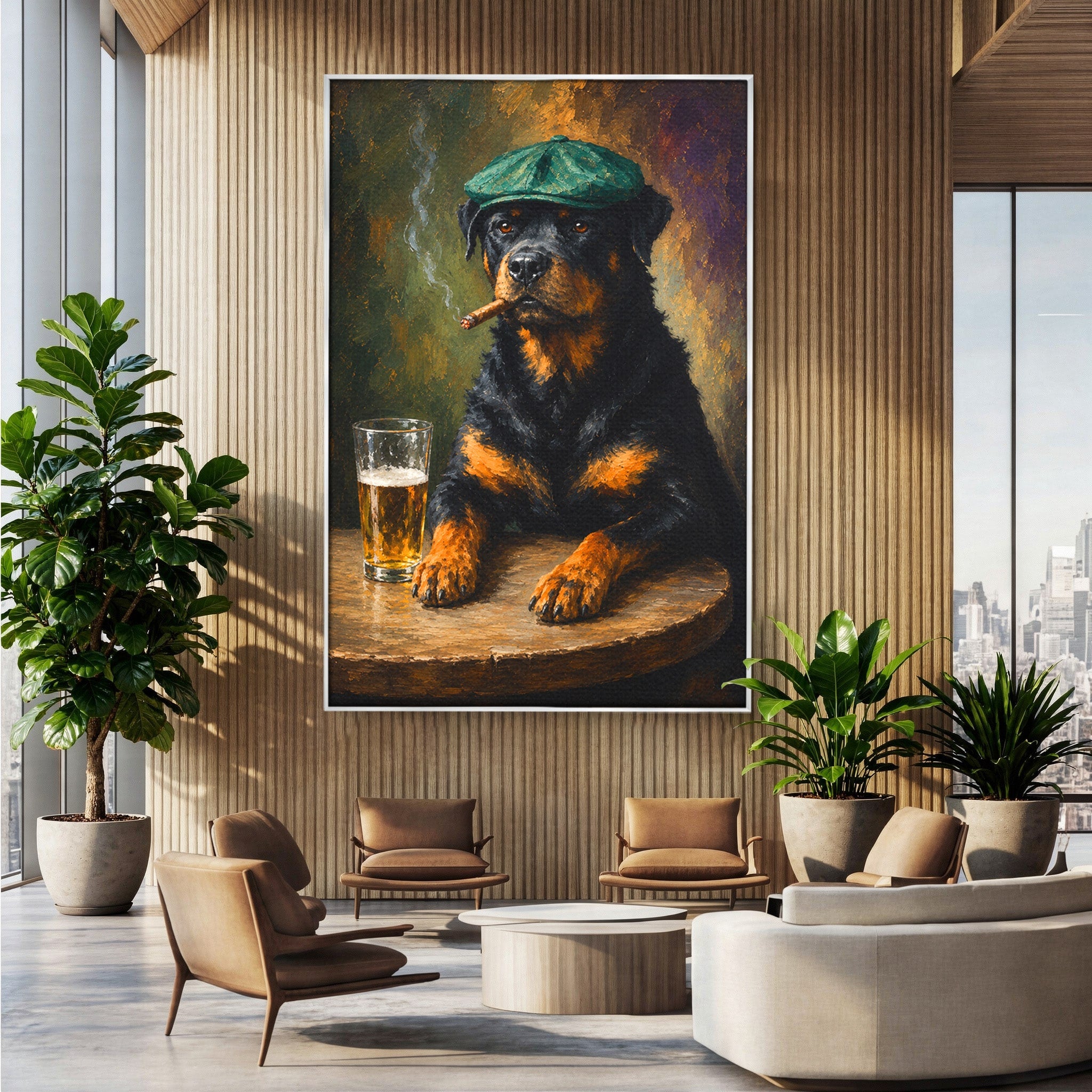 Tablou Canvas Premium LuxCanva® M1672, Caine Cu Palarie Si Bere, Caine, Palarie, Bere, Umor, Animale, Living, Bar, Culori Vibrante