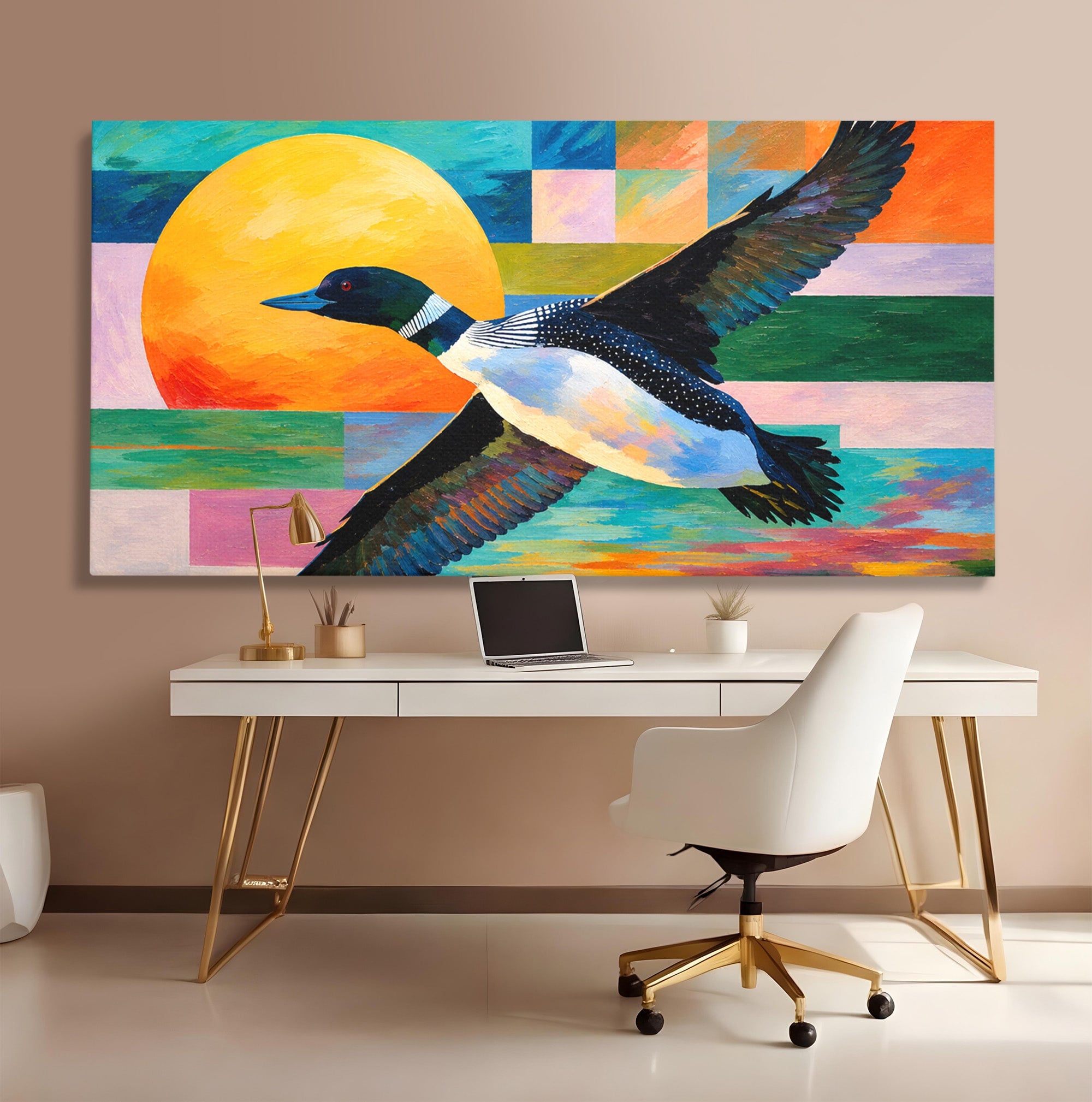 Tablou Canvas Premium LuxCanva® M1673, Zborul Ratei Salbatice, Rata, Zbor, Apus, Peisaj, Living, Culori Vibrante