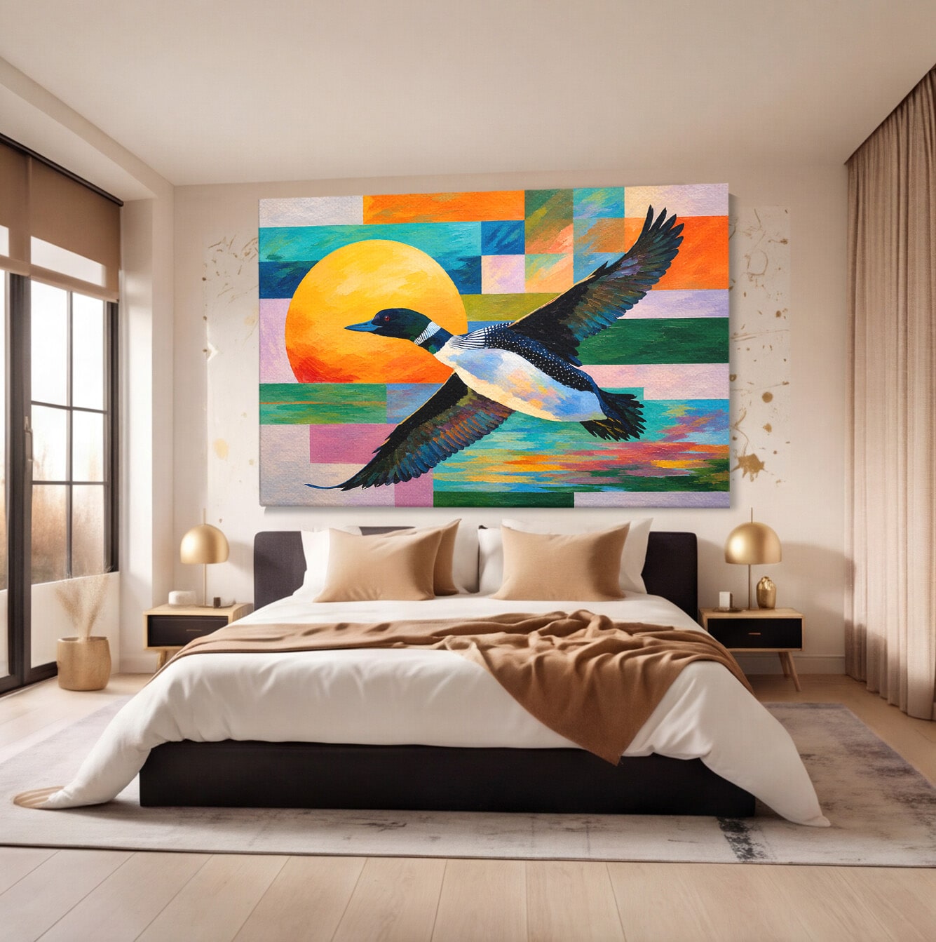 Tablou Canvas Premium LuxCanva® M1673, Zborul Ratei Salbatice, Rata, Zbor, Apus, Peisaj, Living, Culori Vibrante
