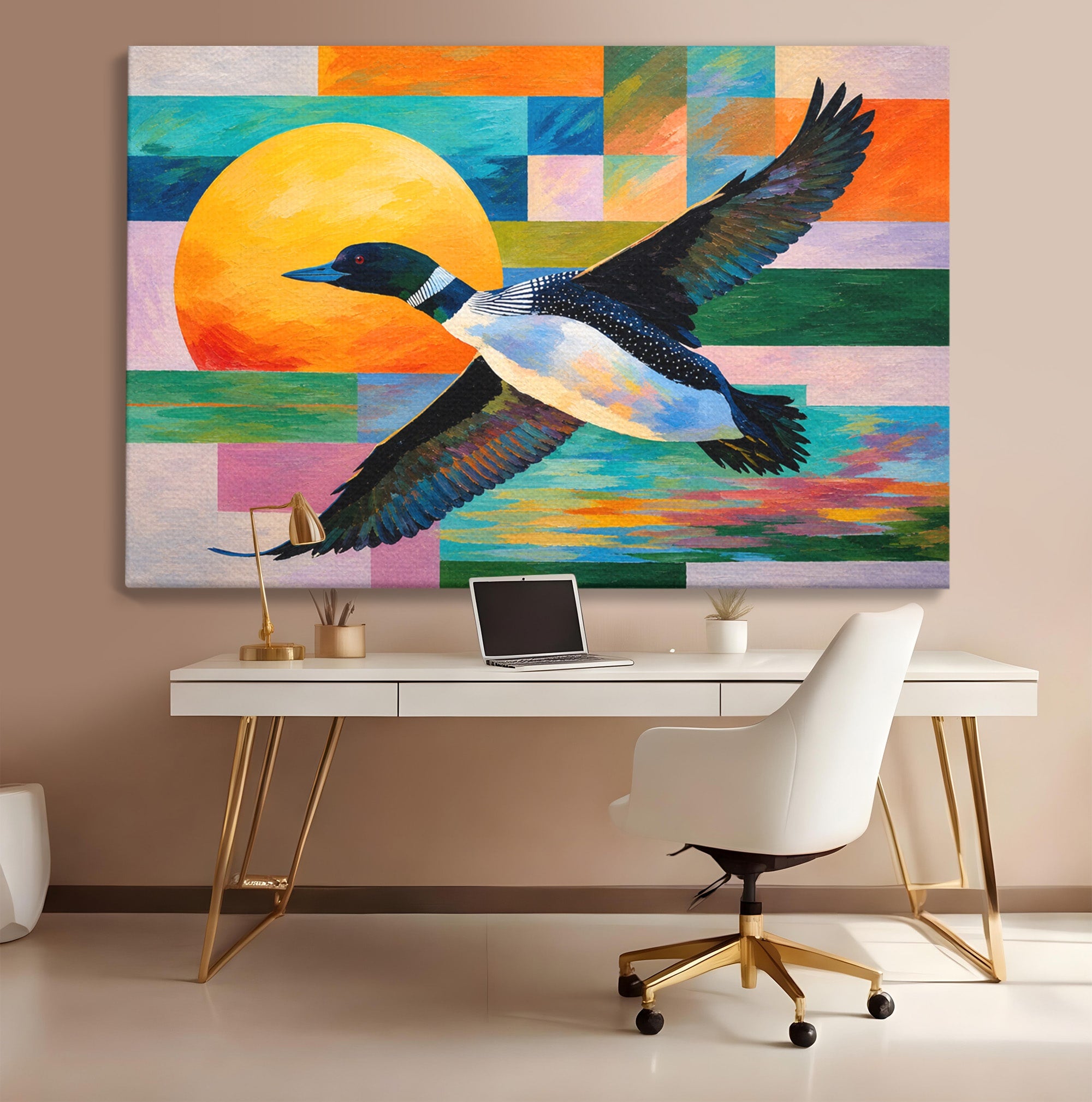Tablou Canvas Premium LuxCanva® M1673, Zborul Ratei Salbatice, Rata, Zbor, Apus, Peisaj, Living, Culori Vibrante