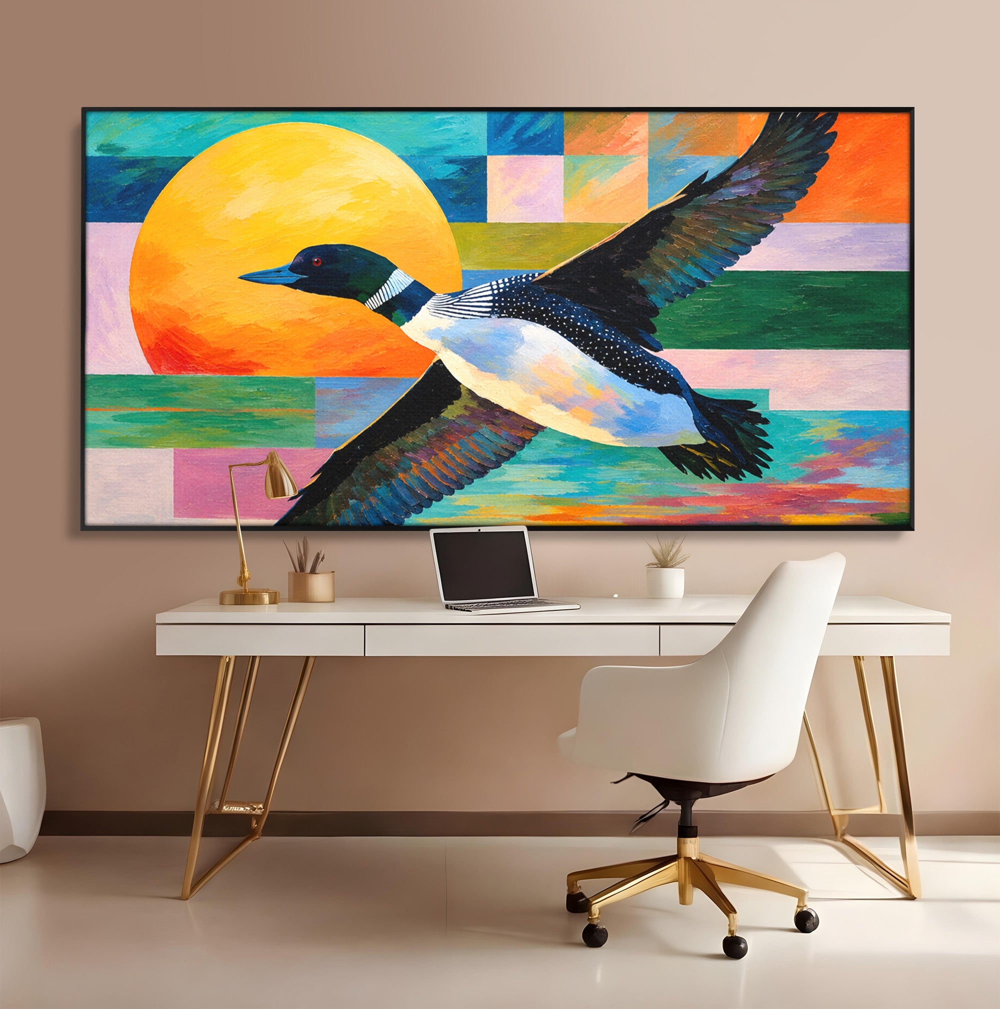Tablou Canvas Premium LuxCanva® M1673, Zborul Ratei Salbatice, Rata, Zbor, Apus, Peisaj, Living, Culori Vibrante