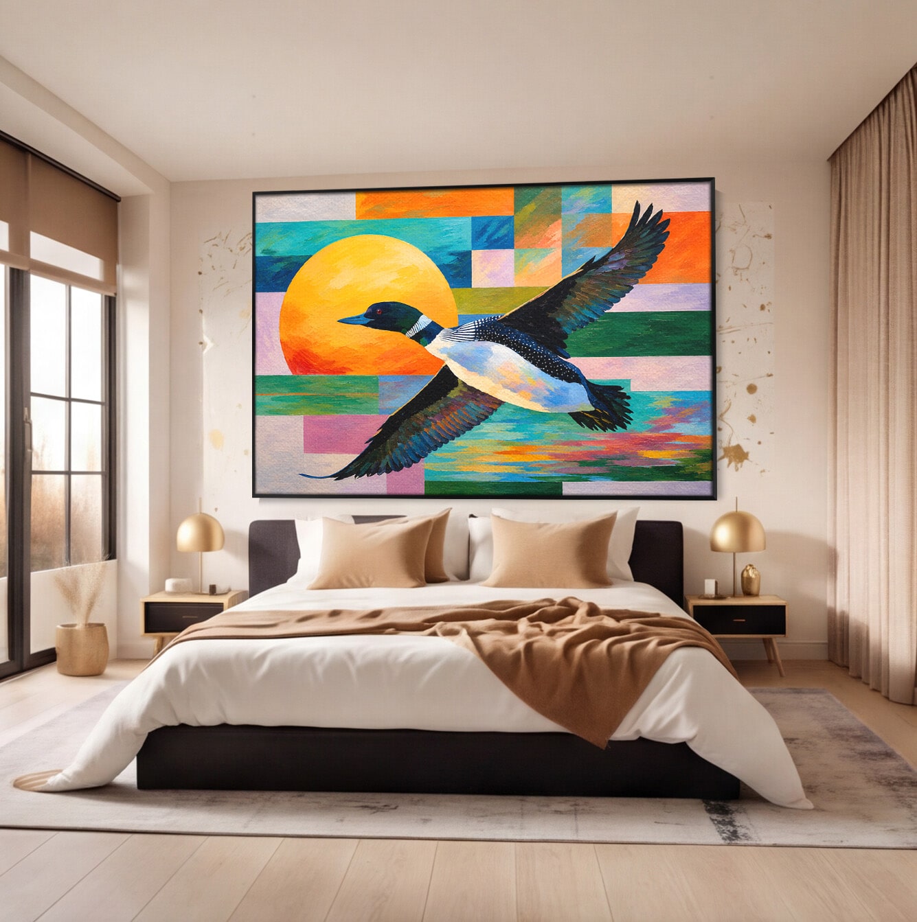 Tablou Canvas Premium LuxCanva® M1673, Zborul Ratei Salbatice, Rata, Zbor, Apus, Peisaj, Living, Culori Vibrante