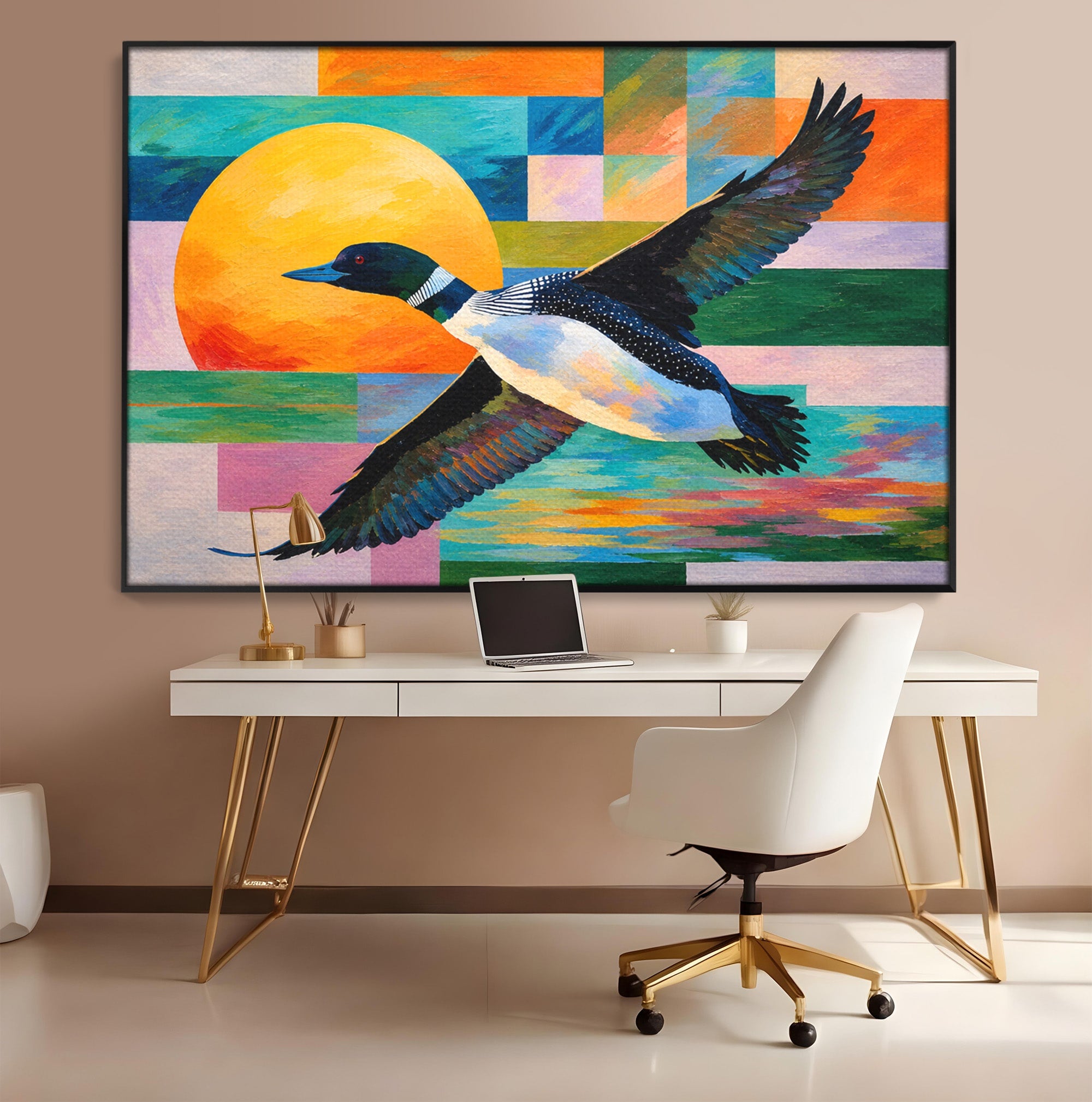 Tablou Canvas Premium LuxCanva® M1673, Zborul Ratei Salbatice, Rata, Zbor, Apus, Peisaj, Living, Culori Vibrante