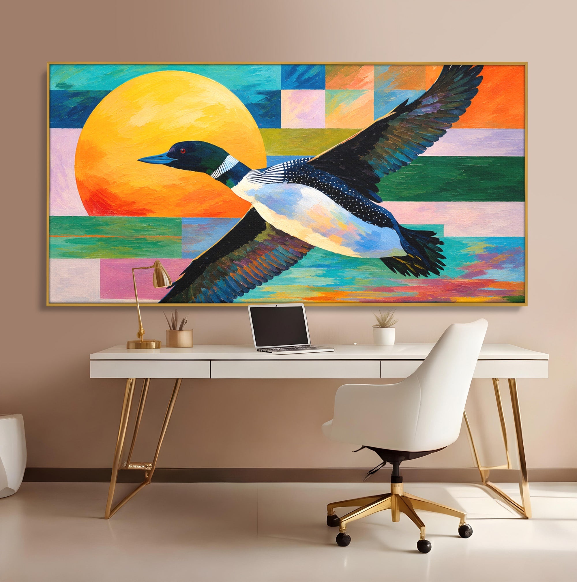 Tablou Canvas Premium LuxCanva® M1673, Zborul Ratei Salbatice, Rata, Zbor, Apus, Peisaj, Living, Culori Vibrante