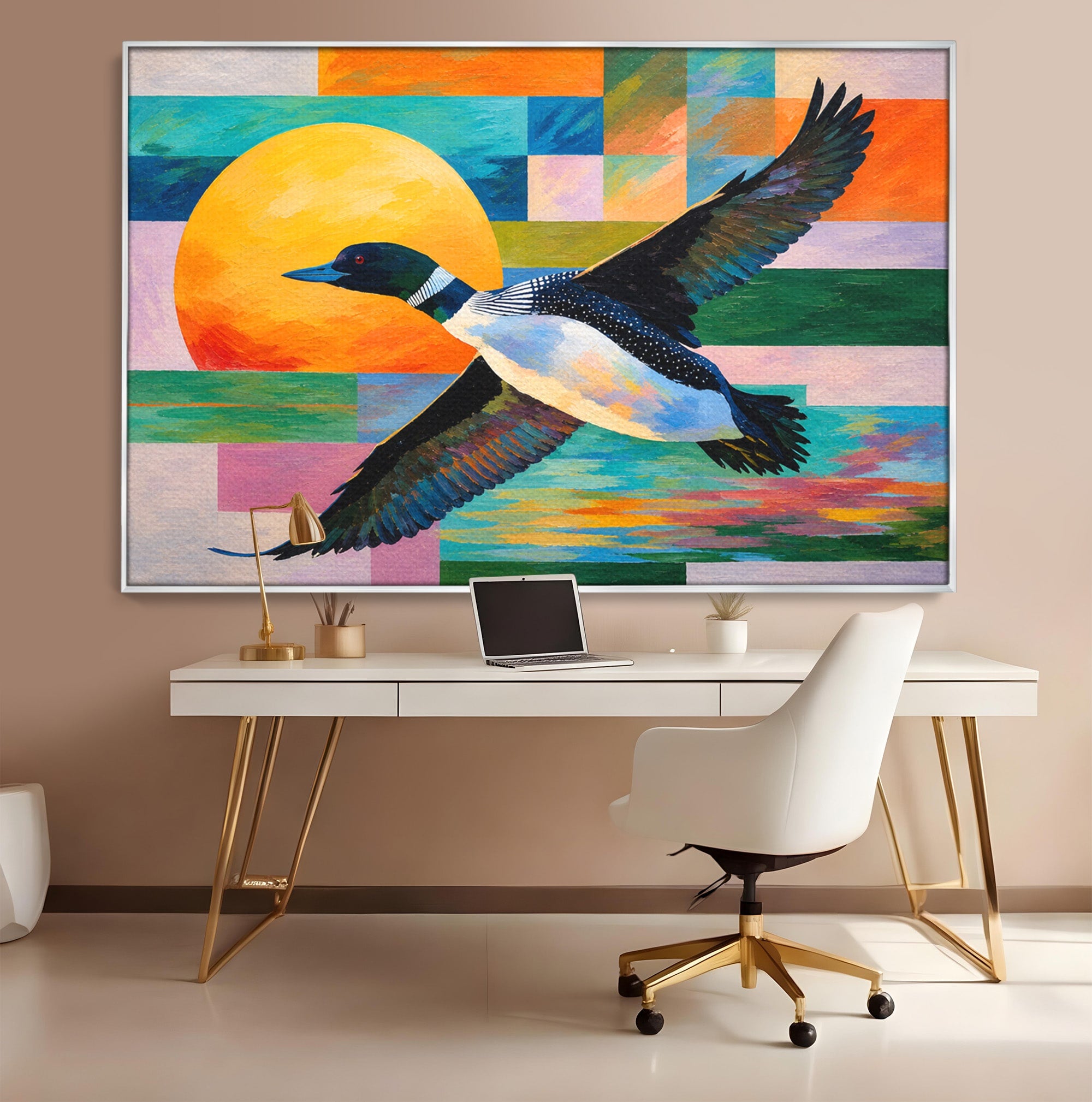 Tablou Canvas Premium LuxCanva® M1673, Zborul Ratei Salbatice, Rata, Zbor, Apus, Peisaj, Living, Culori Vibrante