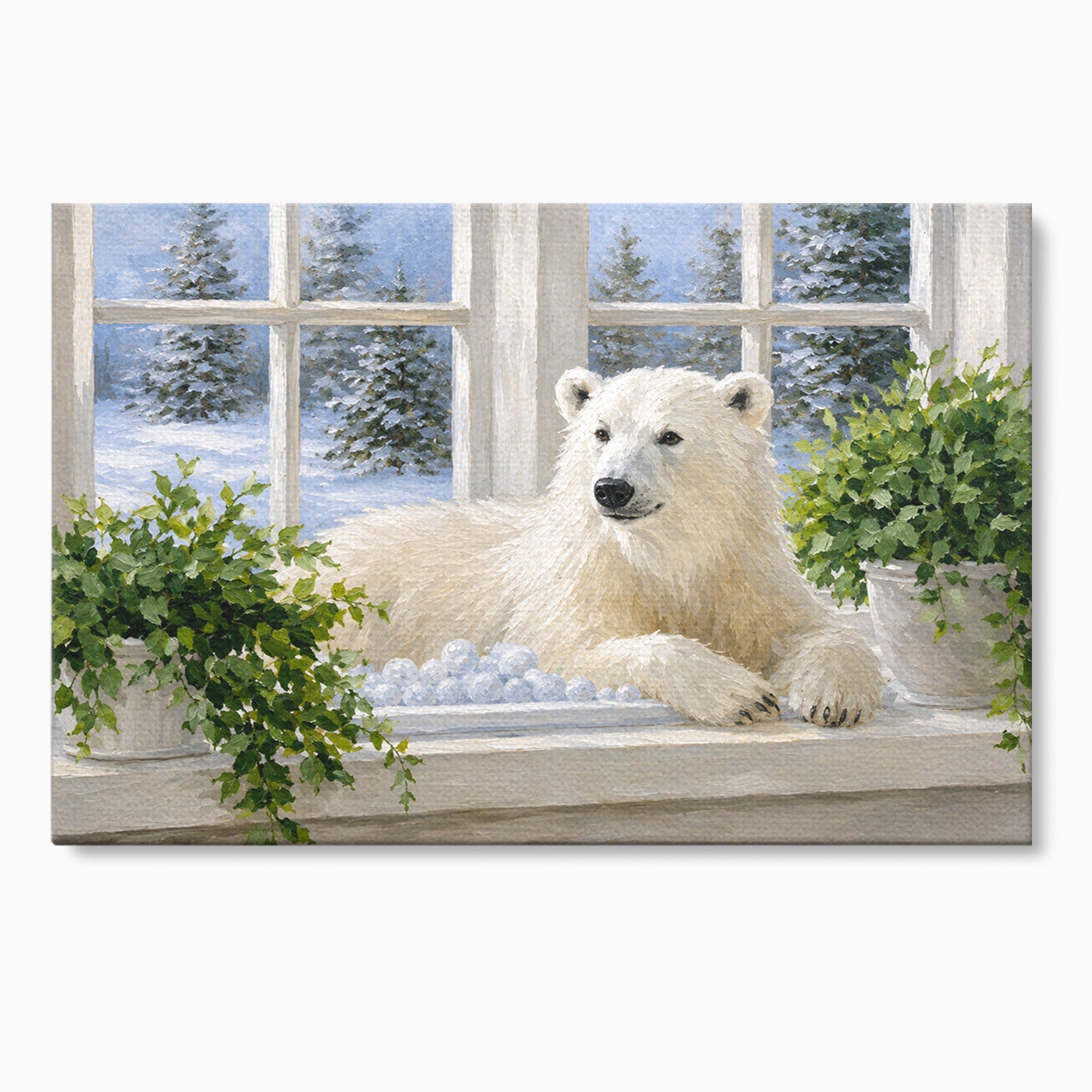 Tablou Canvas Premium LuxCanva® M1675, Urs Polar La Fereastra, Urs Polar, Iarna, Fereastra, Living, Natura, Culori Vibrante