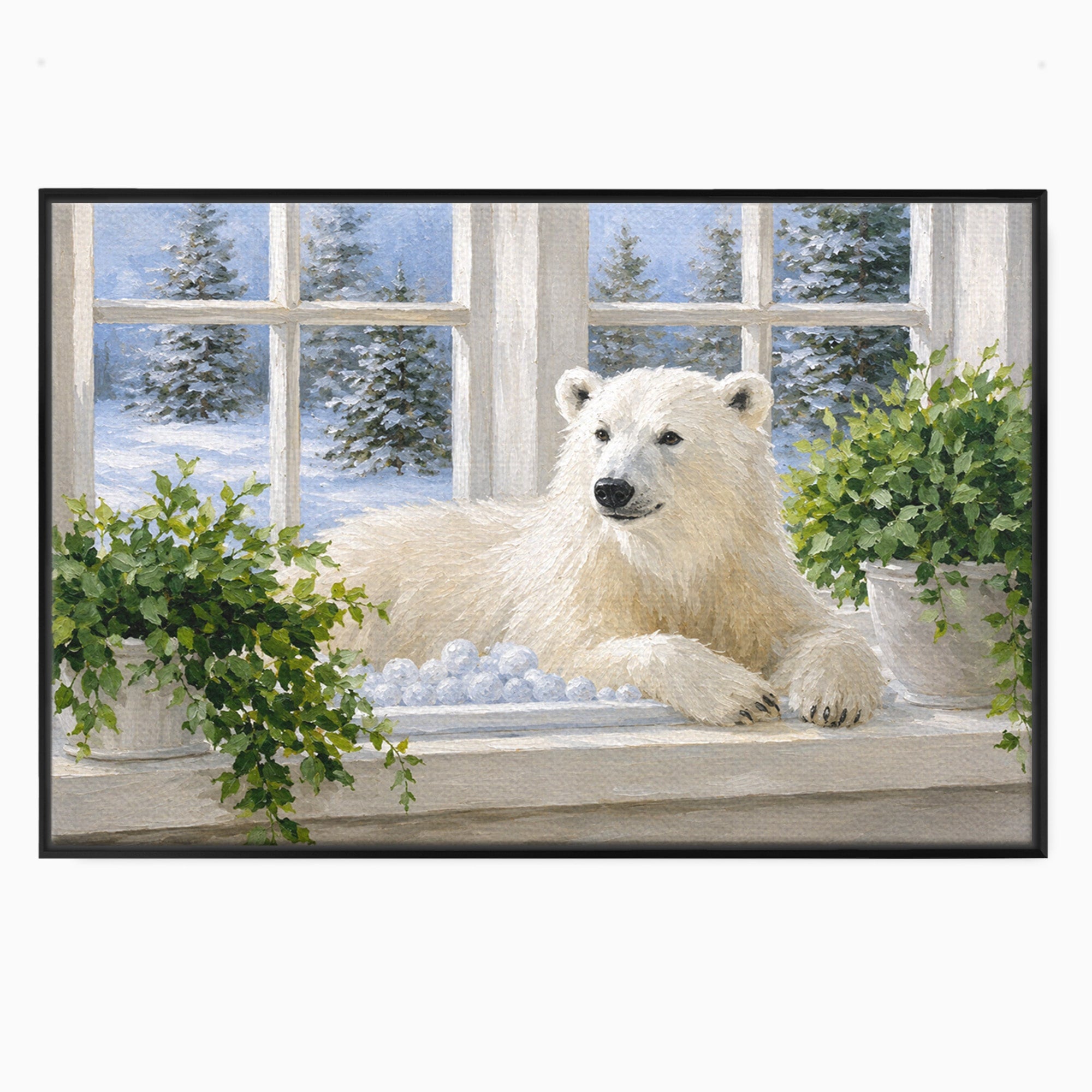 Tablou Canvas Premium LuxCanva® M1675, Urs Polar La Fereastra, Urs Polar, Iarna, Fereastra, Living, Natura, Culori Vibrante