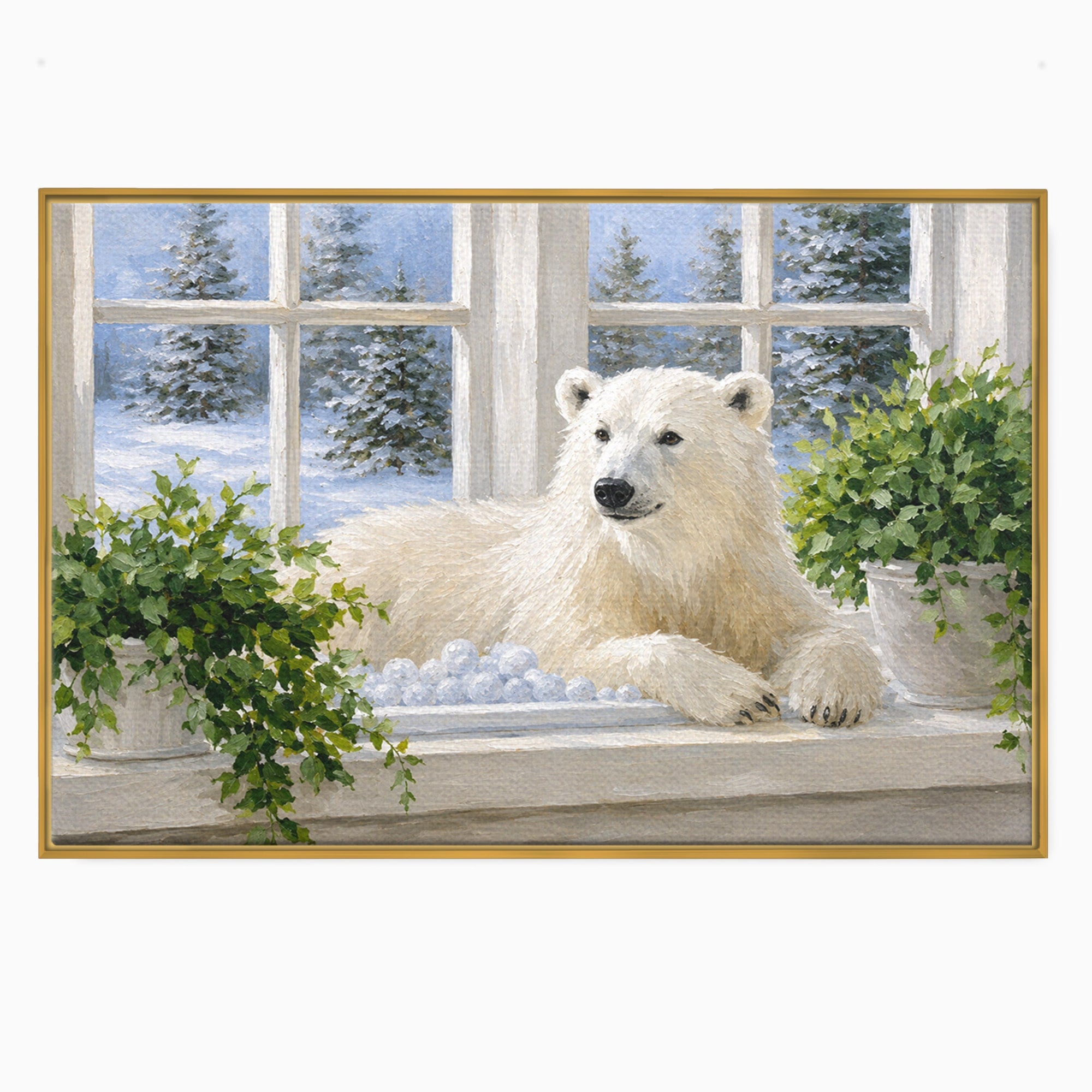 Tablou Canvas Premium LuxCanva® M1675, Urs Polar La Fereastra, Urs Polar, Iarna, Fereastra, Living, Natura, Culori Vibrante