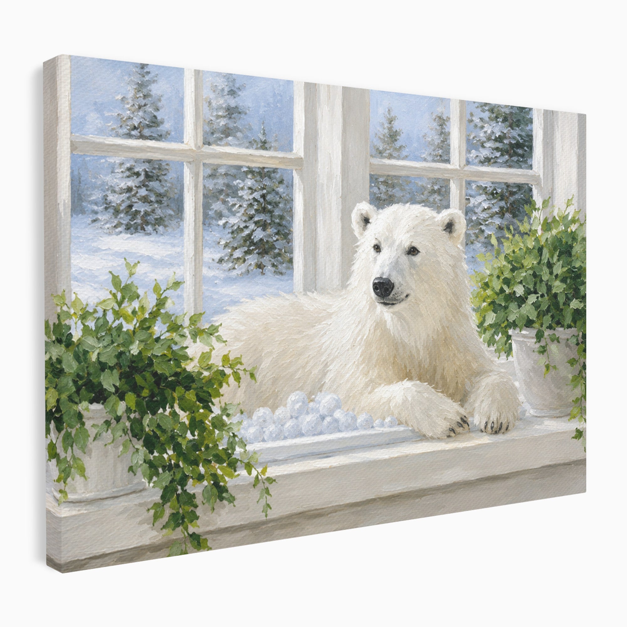 Tablou Canvas Premium LuxCanva® M1675, Urs Polar La Fereastra, Urs Polar, Iarna, Fereastra, Living, Natura, Culori Vibrante