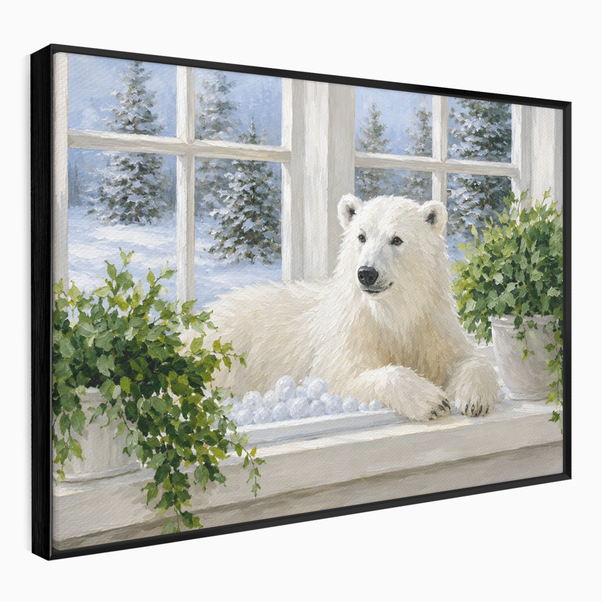 Tablou Canvas Premium LuxCanva® M1675, Urs Polar La Fereastra, Urs Polar, Iarna, Fereastra, Living, Natura, Culori Vibrante