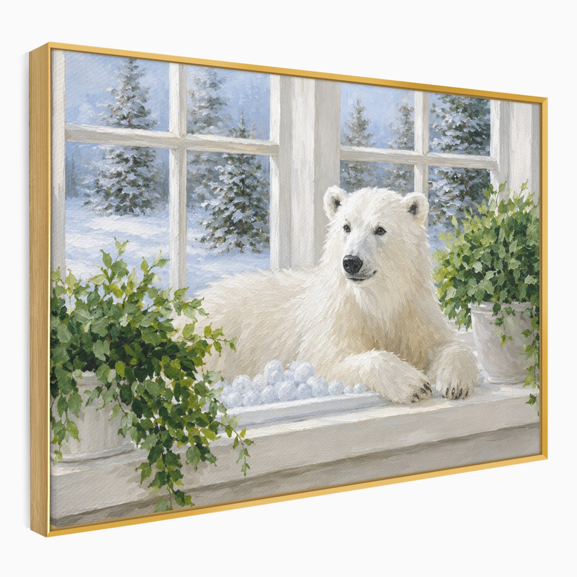 Tablou Canvas Premium LuxCanva® M1675, Urs Polar La Fereastra, Urs Polar, Iarna, Fereastra, Living, Natura, Culori Vibrante