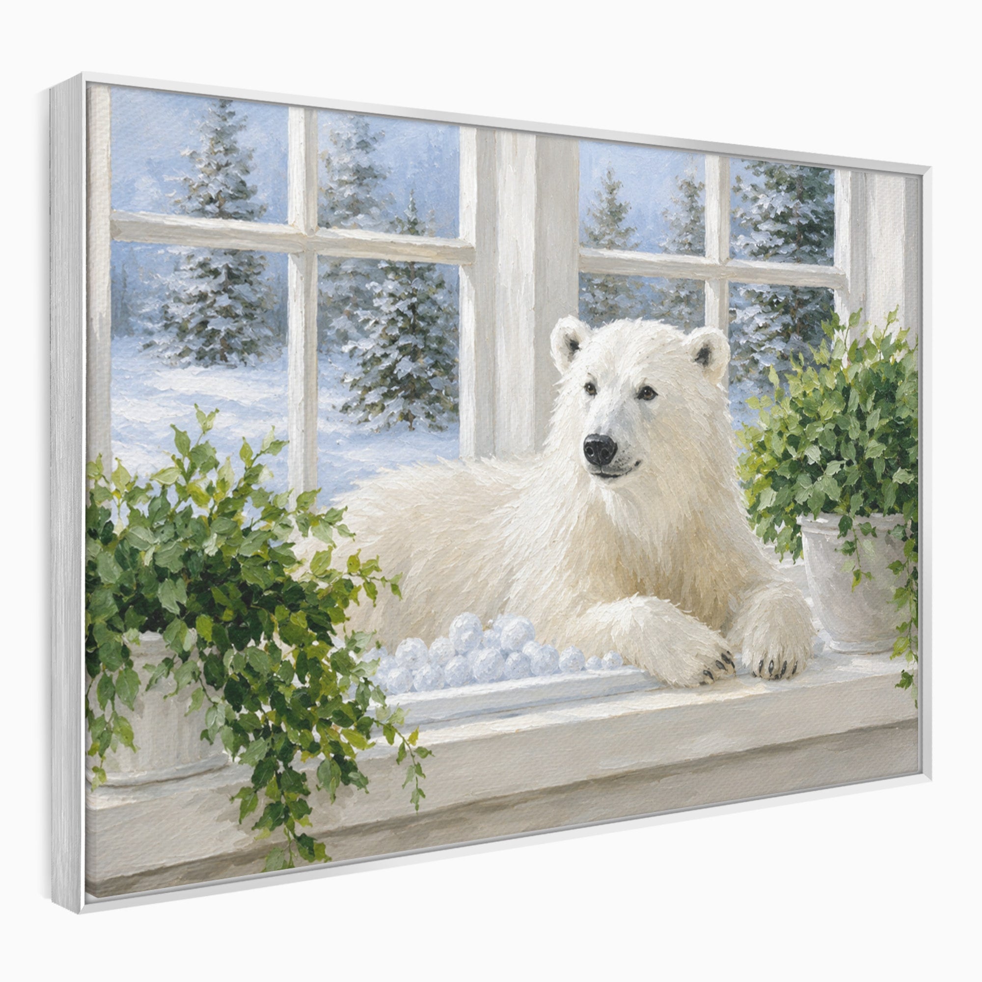 Tablou Canvas Premium LuxCanva® M1675, Urs Polar La Fereastra, Urs Polar, Iarna, Fereastra, Living, Natura, Culori Vibrante