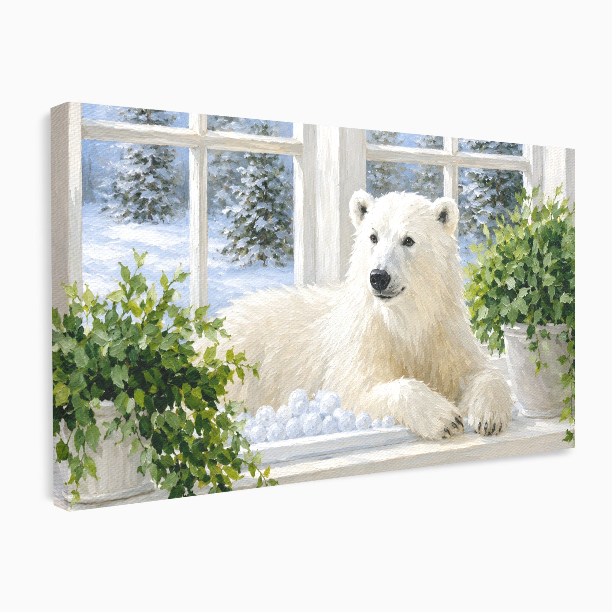 Tablou Canvas Premium LuxCanva® M1675, Urs Polar La Fereastra, Urs Polar, Iarna, Fereastra, Living, Natura, Culori Vibrante