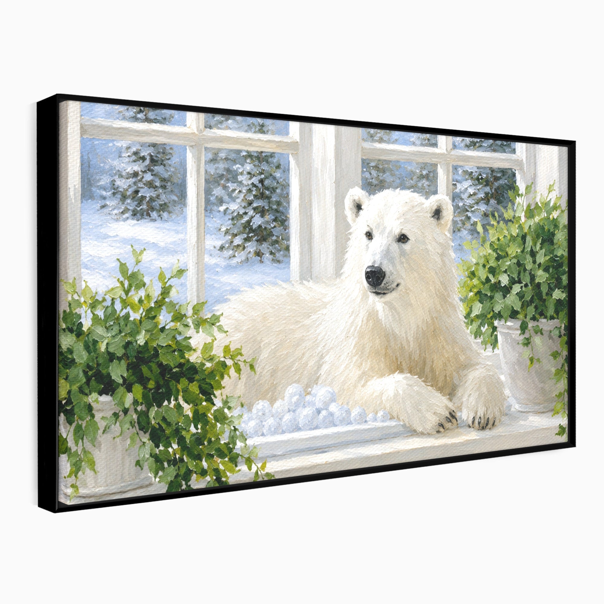 Tablou Canvas Premium LuxCanva® M1675, Urs Polar La Fereastra, Urs Polar, Iarna, Fereastra, Living, Natura, Culori Vibrante