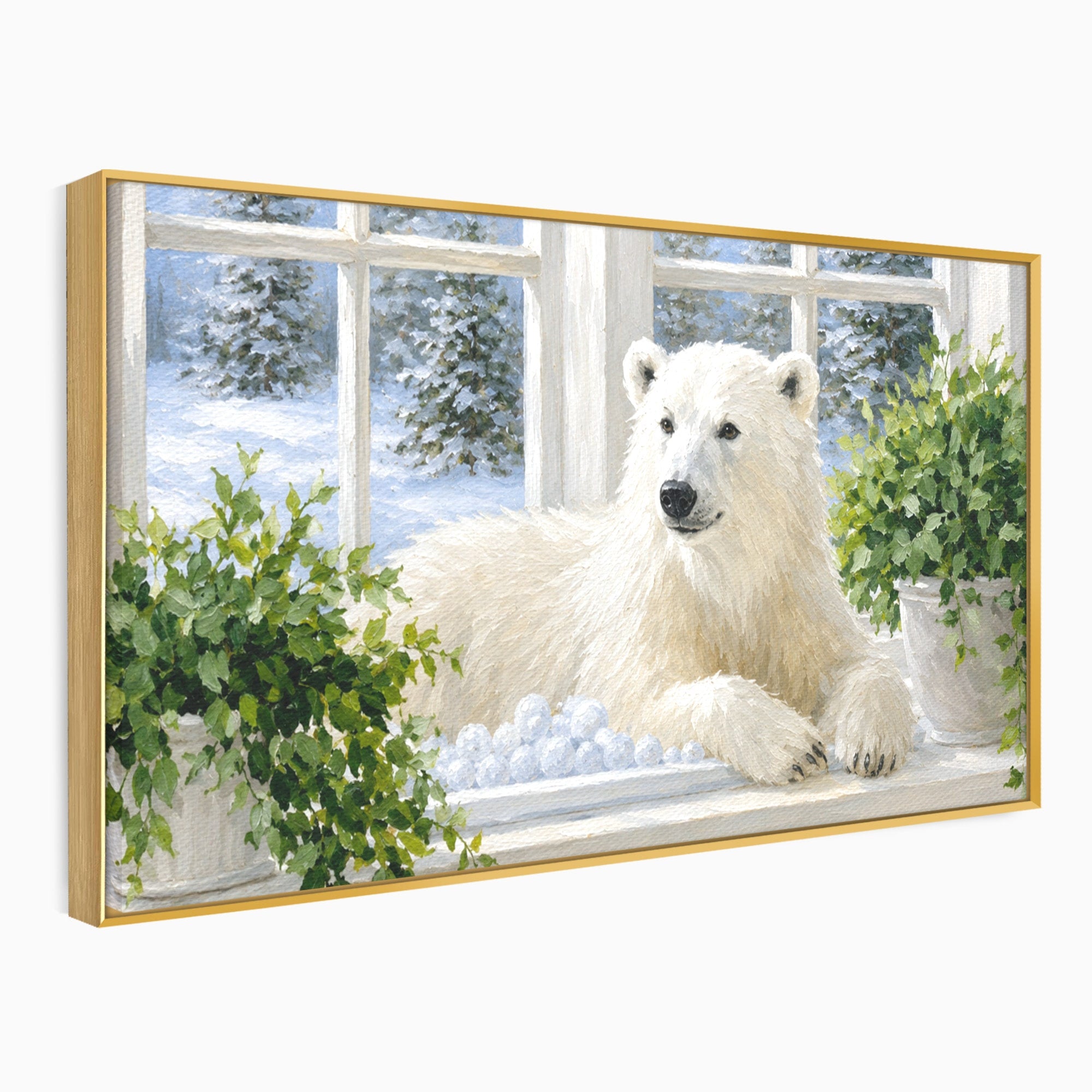 Tablou Canvas Premium LuxCanva® M1675, Urs Polar La Fereastra, Urs Polar, Iarna, Fereastra, Living, Natura, Culori Vibrante