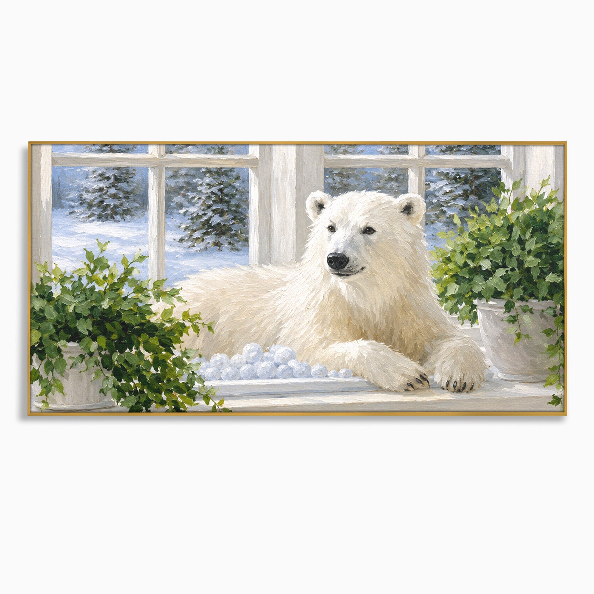 Tablou Canvas Premium LuxCanva® M1675, Urs Polar La Fereastra, Urs Polar, Iarna, Fereastra, Living, Natura, Culori Vibrante