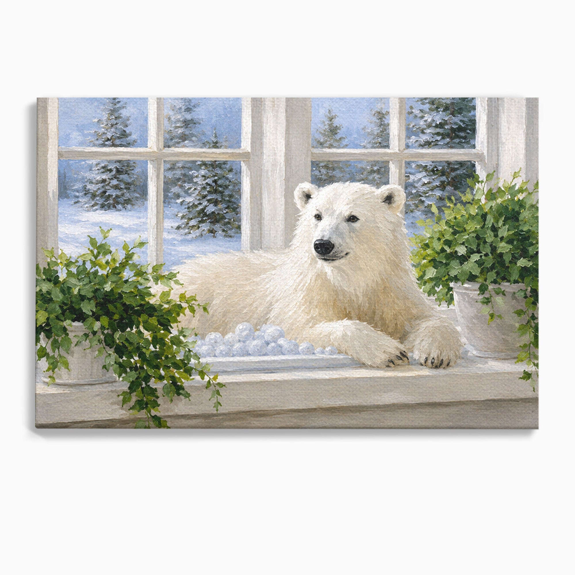 Tablou Canvas Premium LuxCanva® M1675, Urs Polar La Fereastra, Urs Polar, Iarna, Fereastra, Living, Natura, Culori Vibrante