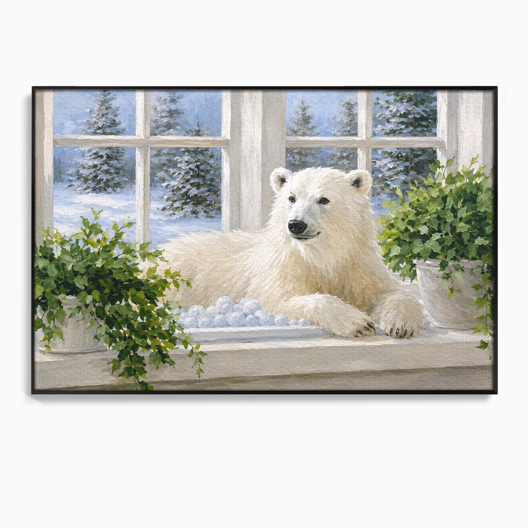Tablou Canvas Premium LuxCanva® M1675, Urs Polar La Fereastra, Urs Polar, Iarna, Fereastra, Living, Natura, Culori Vibrante