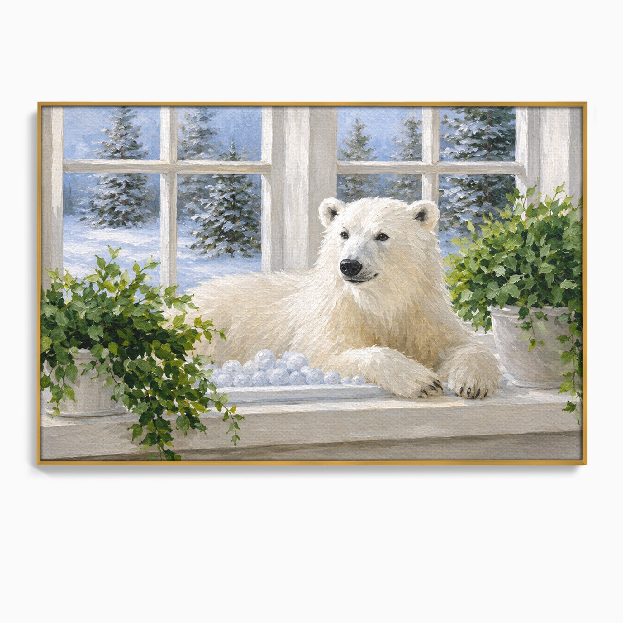 Tablou Canvas Premium LuxCanva® M1675, Urs Polar La Fereastra, Urs Polar, Iarna, Fereastra, Living, Natura, Culori Vibrante