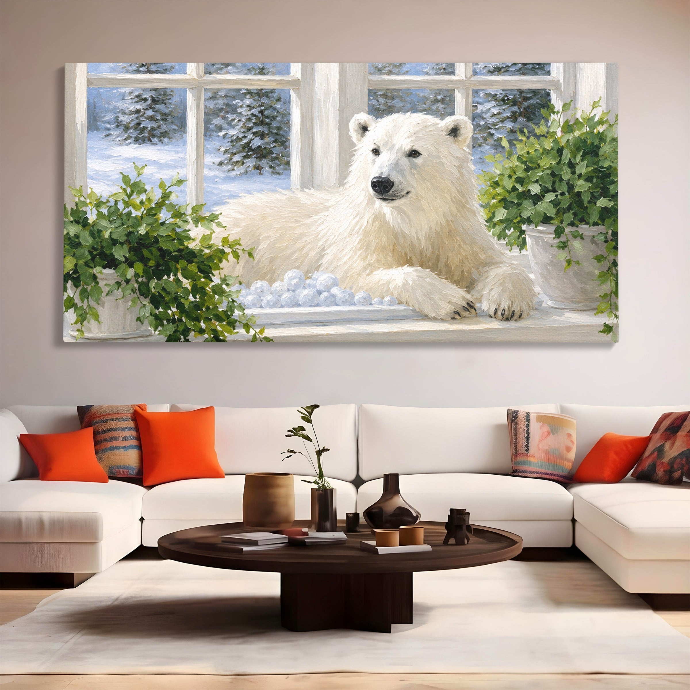 Tablou Canvas Premium LuxCanva® M1675, Urs Polar La Fereastra, Urs Polar, Iarna, Fereastra, Living, Natura, Culori Vibrante