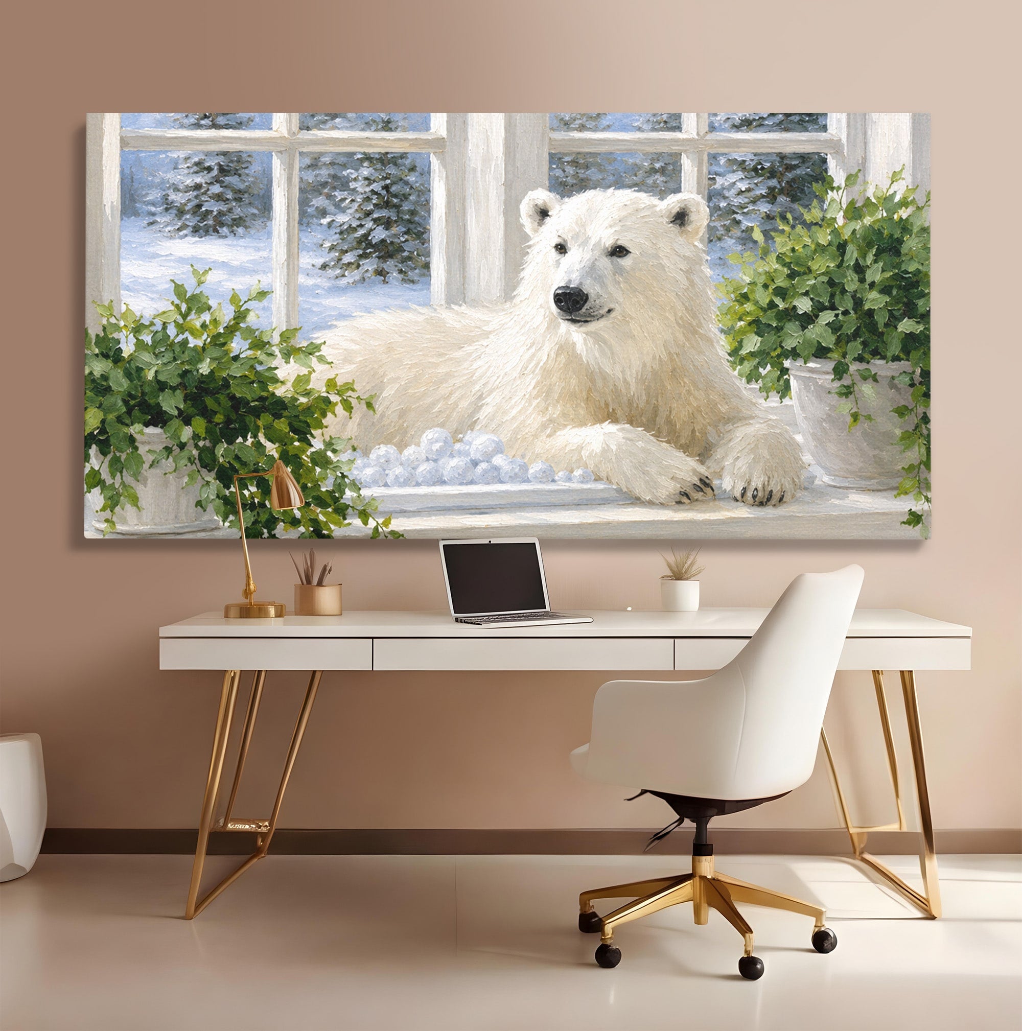 Tablou Canvas Premium LuxCanva® M1675, Urs Polar La Fereastra, Urs Polar, Iarna, Fereastra, Living, Natura, Culori Vibrante